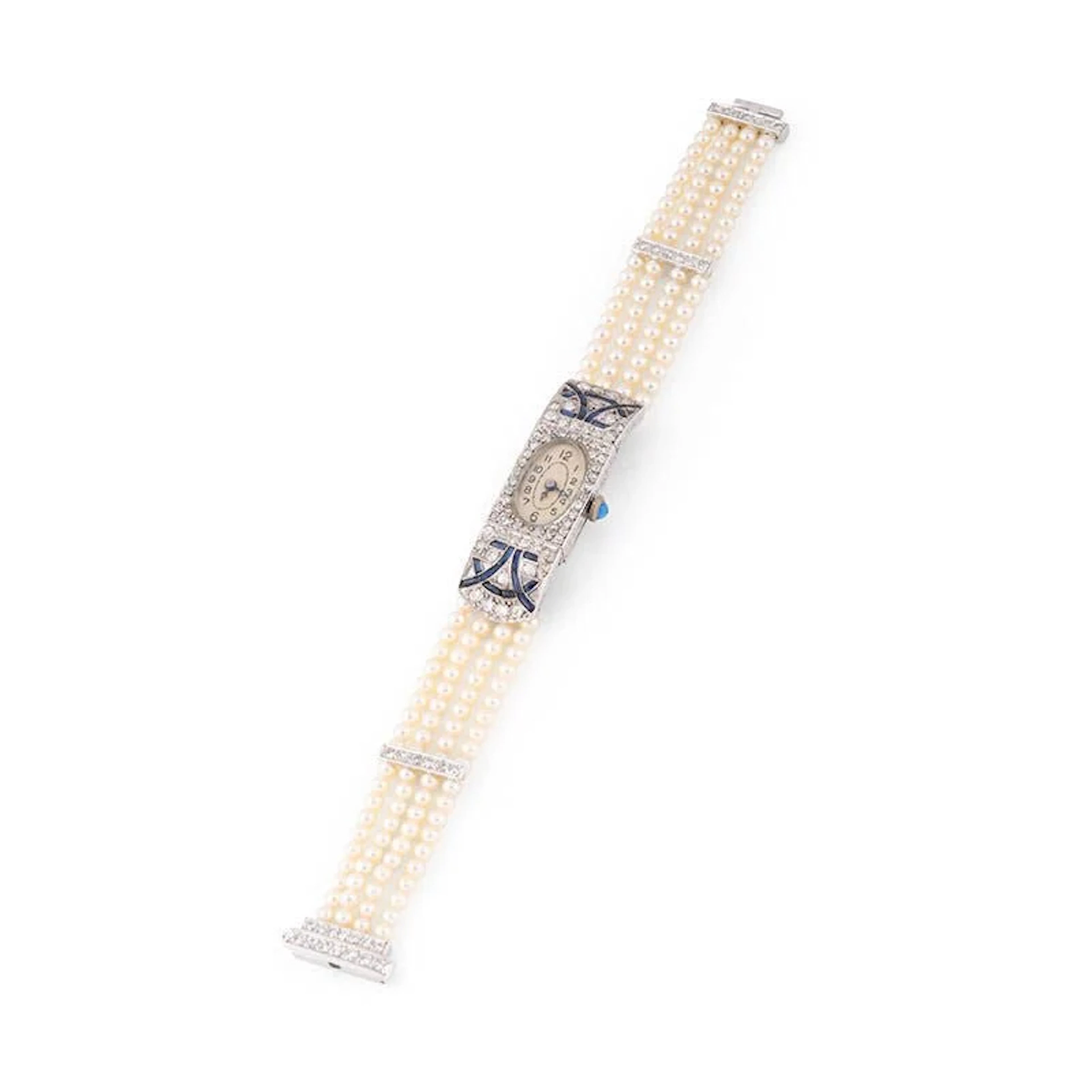 Art Deco lady's watch in white gold, pearls, sapphires and diamonds