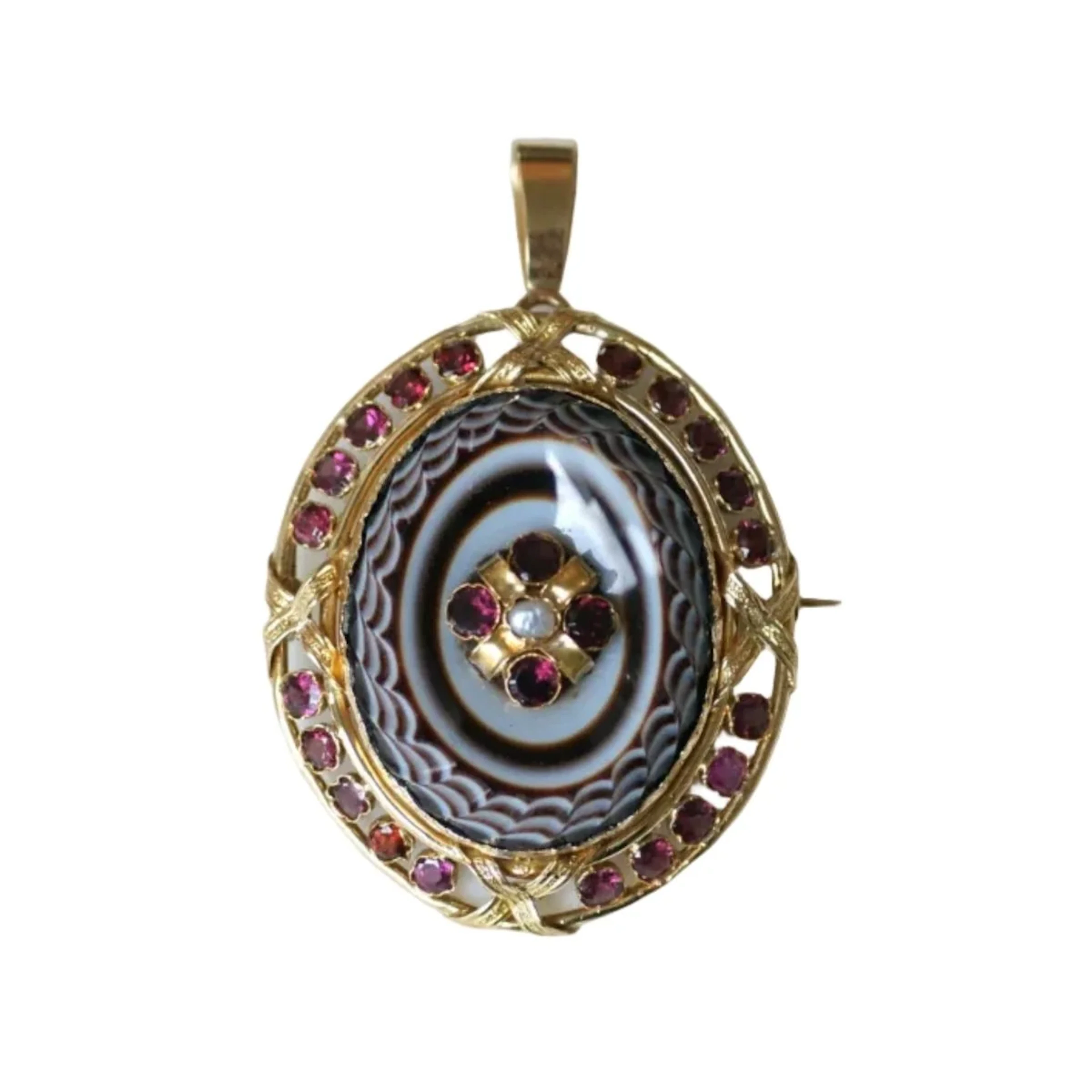 Yellow gold pendant, agate, garnets and pearl