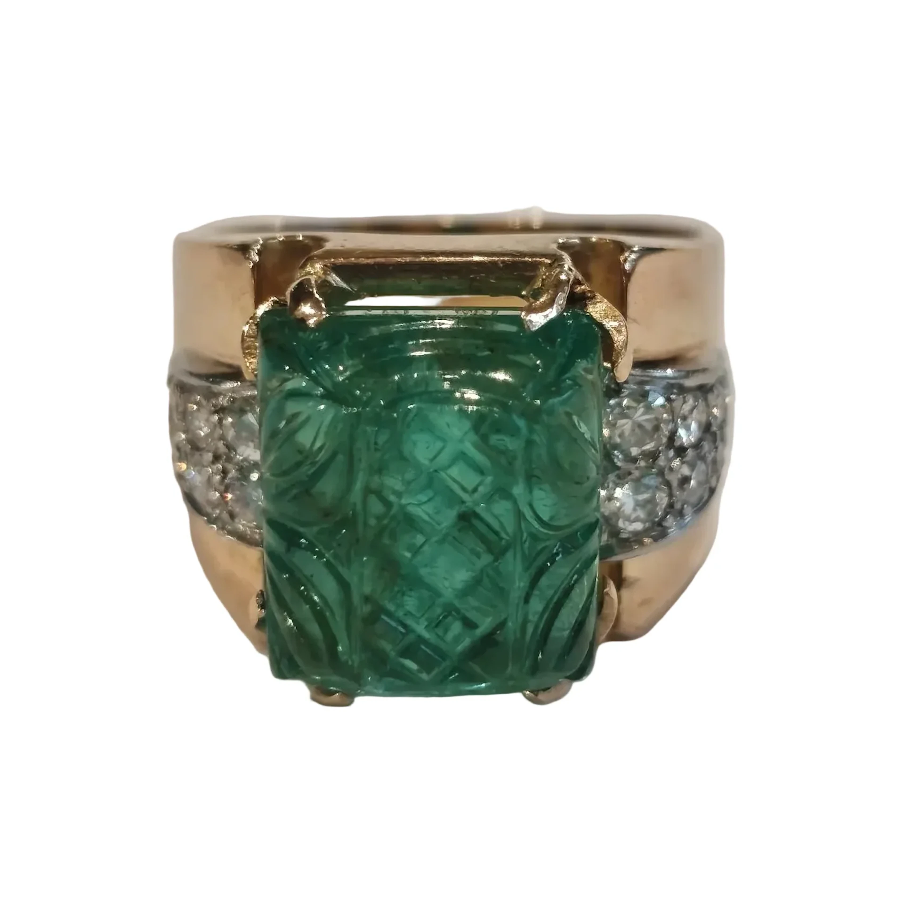 Tank Ring in Gold, Emerald, and Diamonds