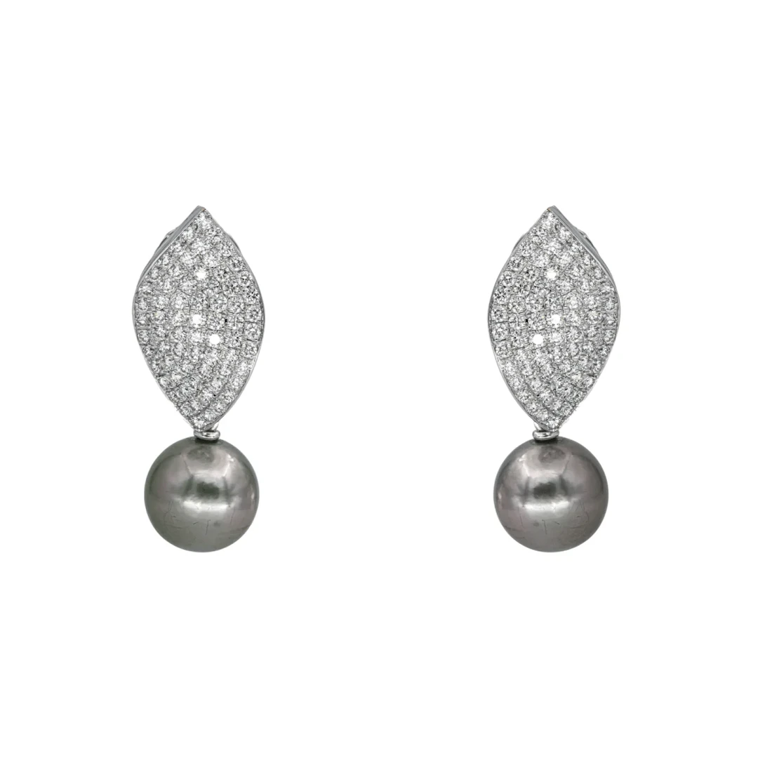 White gold, pearl and diamond drop earrings