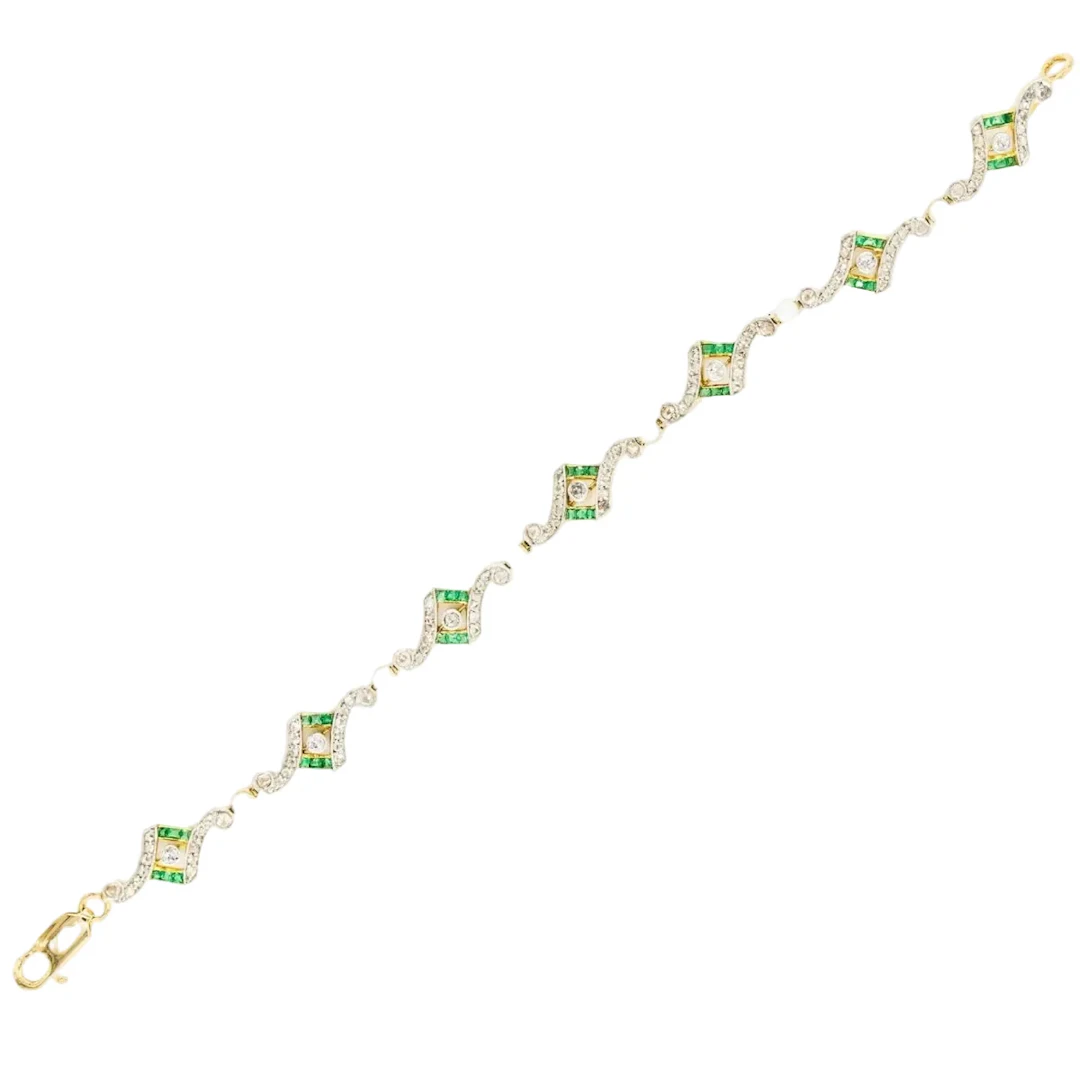 Bracelet Art Deco en or jaune, platine, perles, émeraudes et diamants