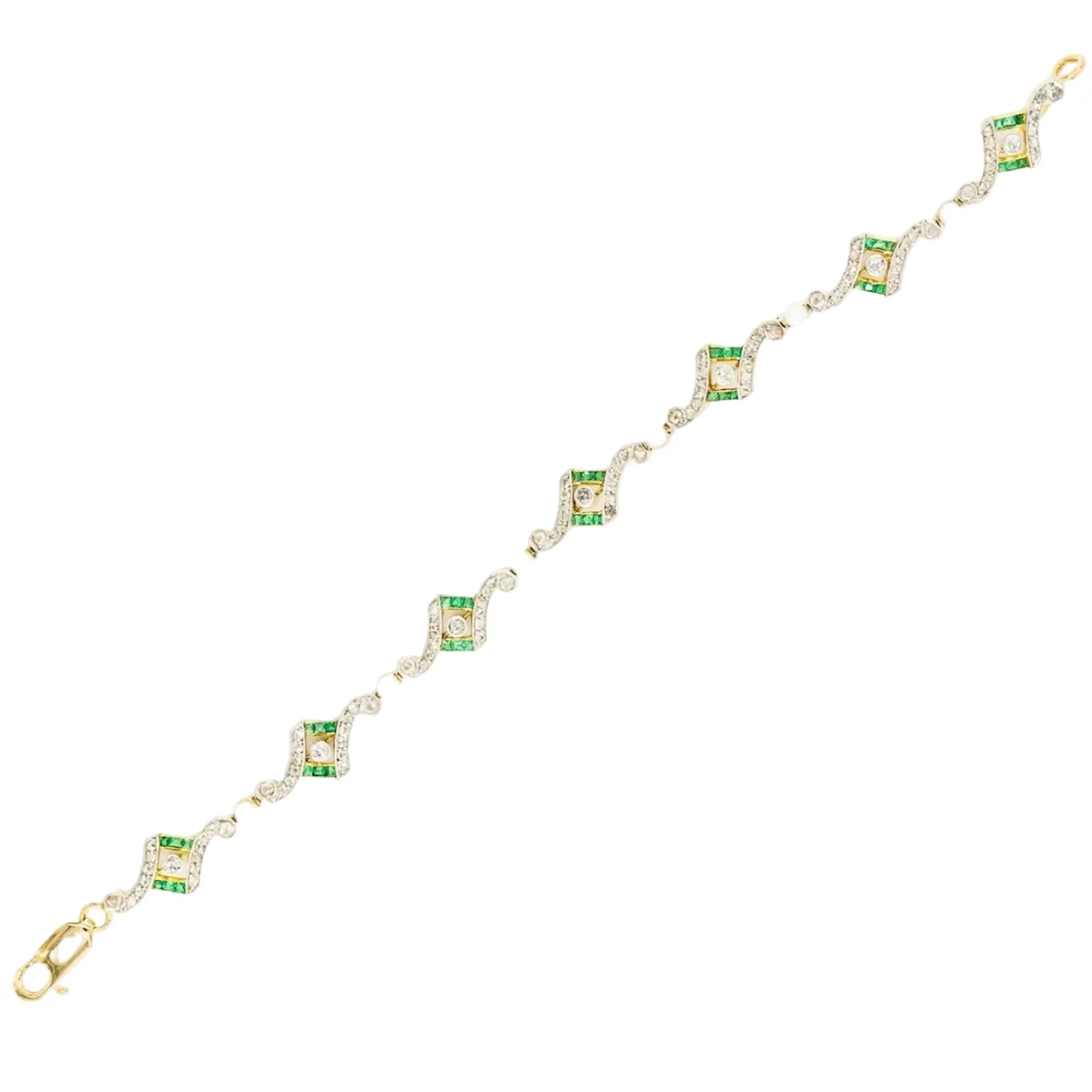 Bracelet Art Deco en or jaune, platine, perles, émeraudes et diamants