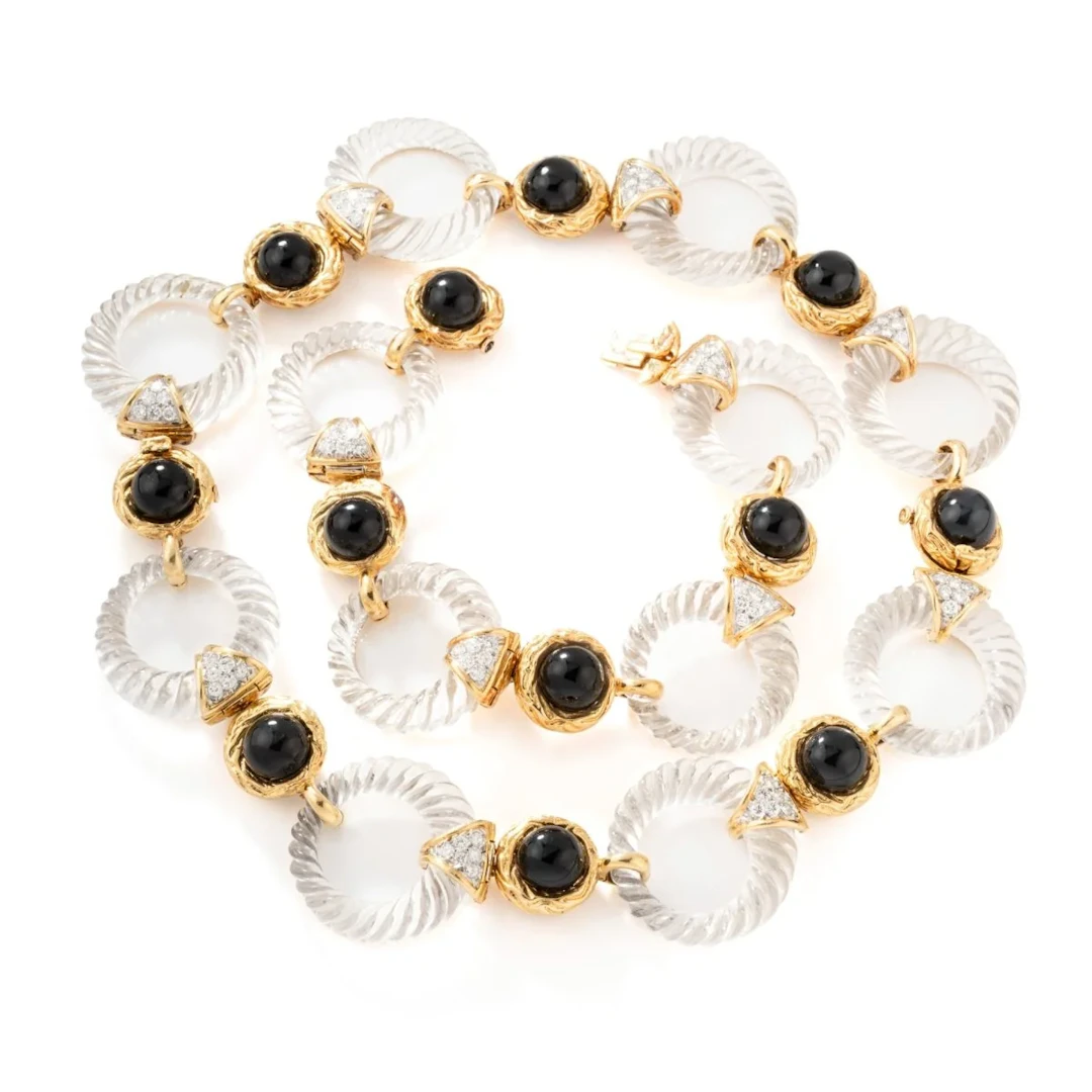 Collier transformable BOUCHERON en or jaune, onyx, cristal de roche et diamants