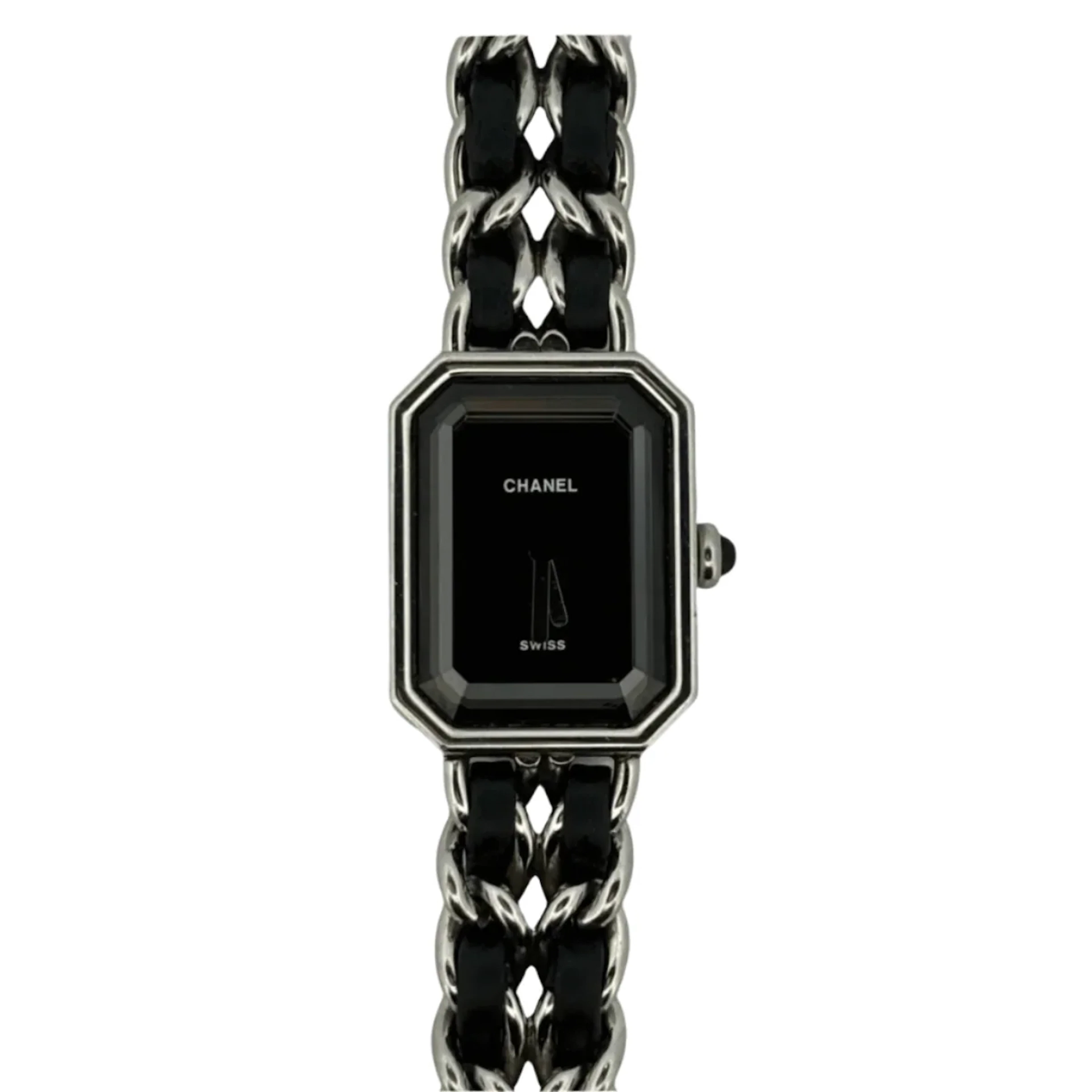 CHANEL “Première” Quartz watch in steel and black leather