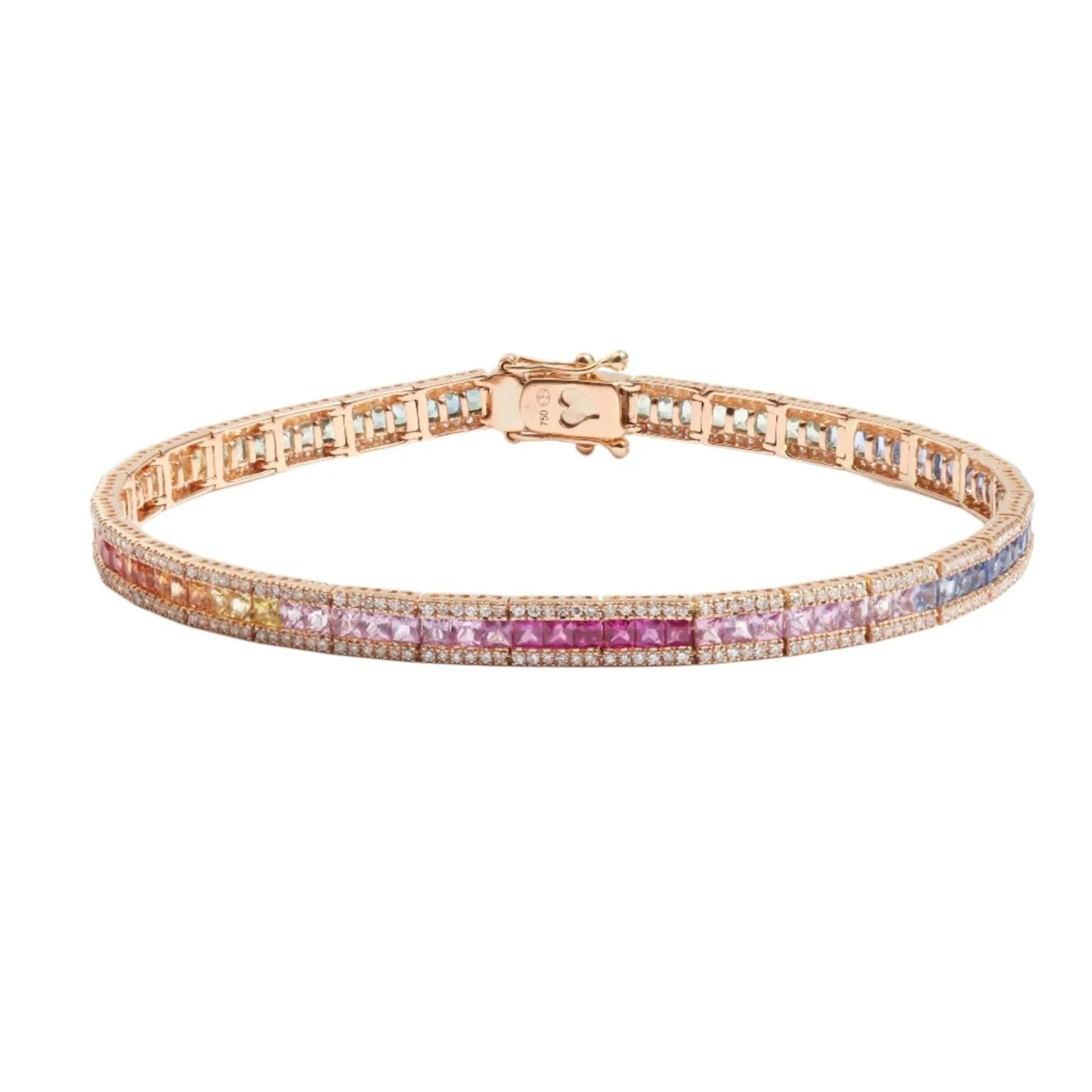 Bracelet Tennis 5.70 Carats Saphirs Arc-En-Ciel & Diamants Or Rose 18 Carats