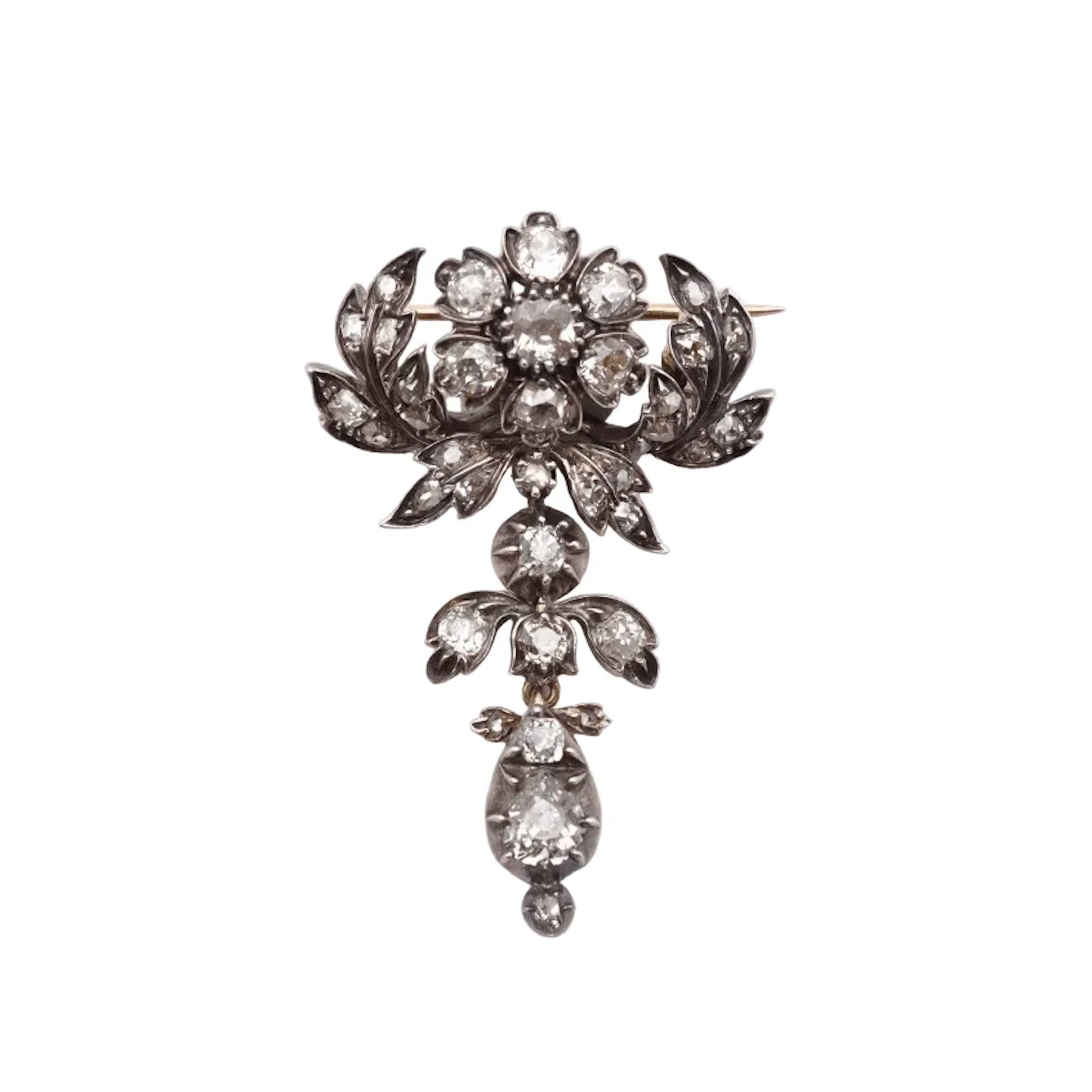 Brooch Pin in yellow gold, silver and diamonds.