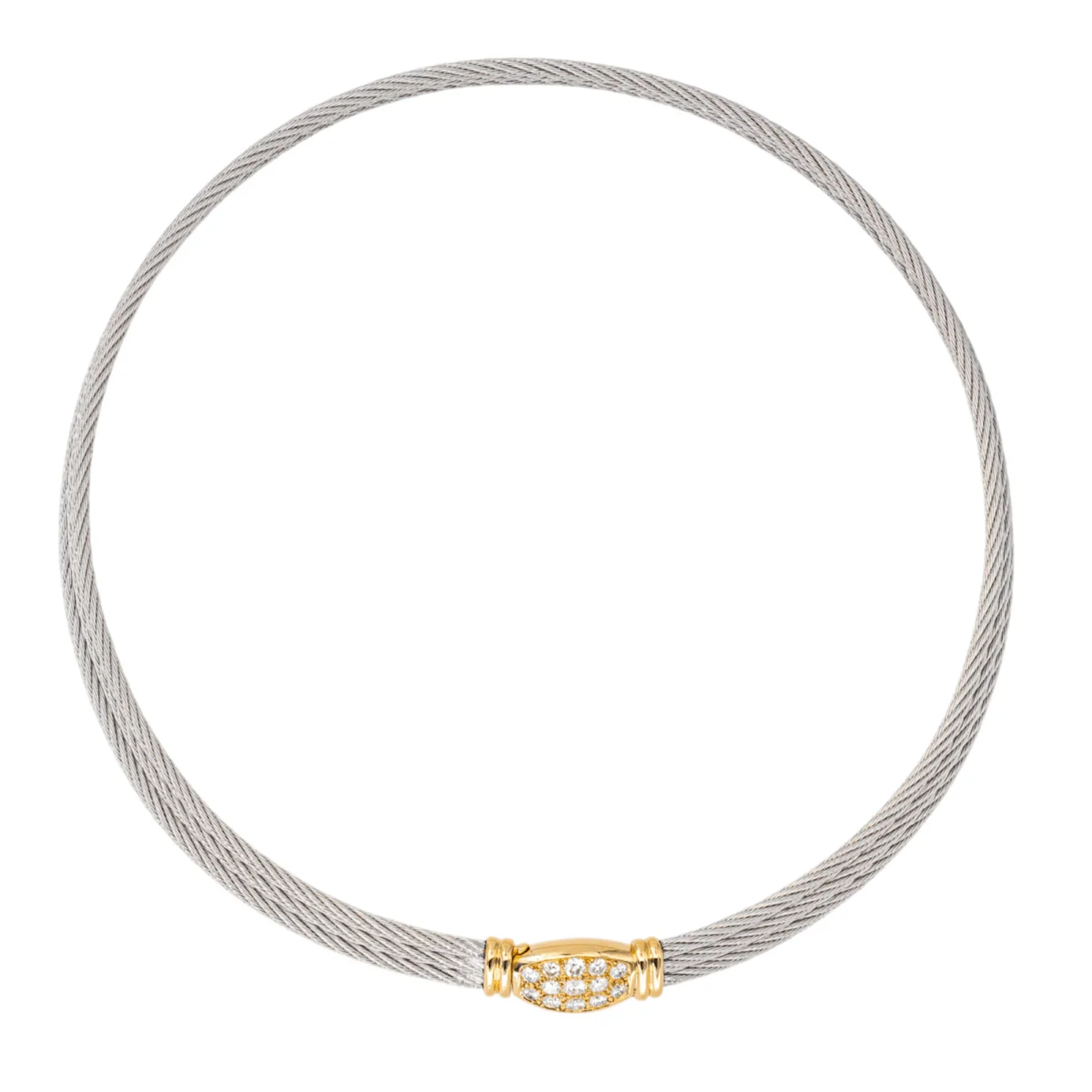 Necklace Ras de Cou FRED "Force 10" in yellow gold, steel and diamonds