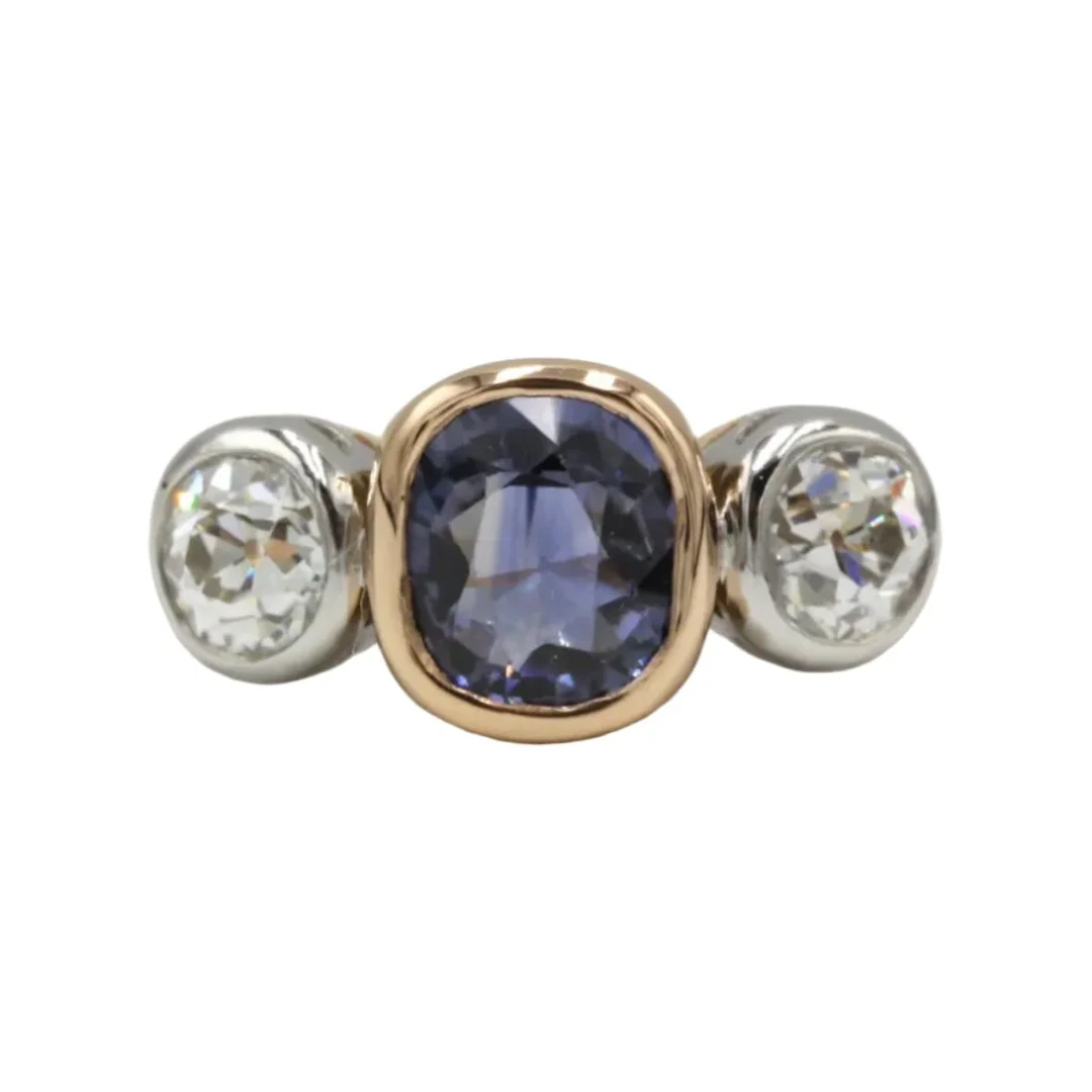 Trilogy Ring in Yellow Gold, Sapphire, and Diamonds