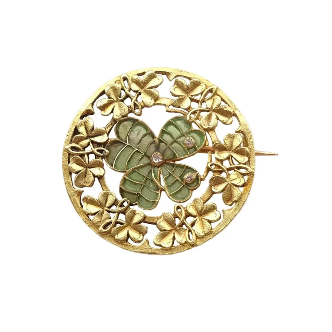 Brooch EUGÈNE TROUVÉ pin in yellow gold, enamel and diamonds