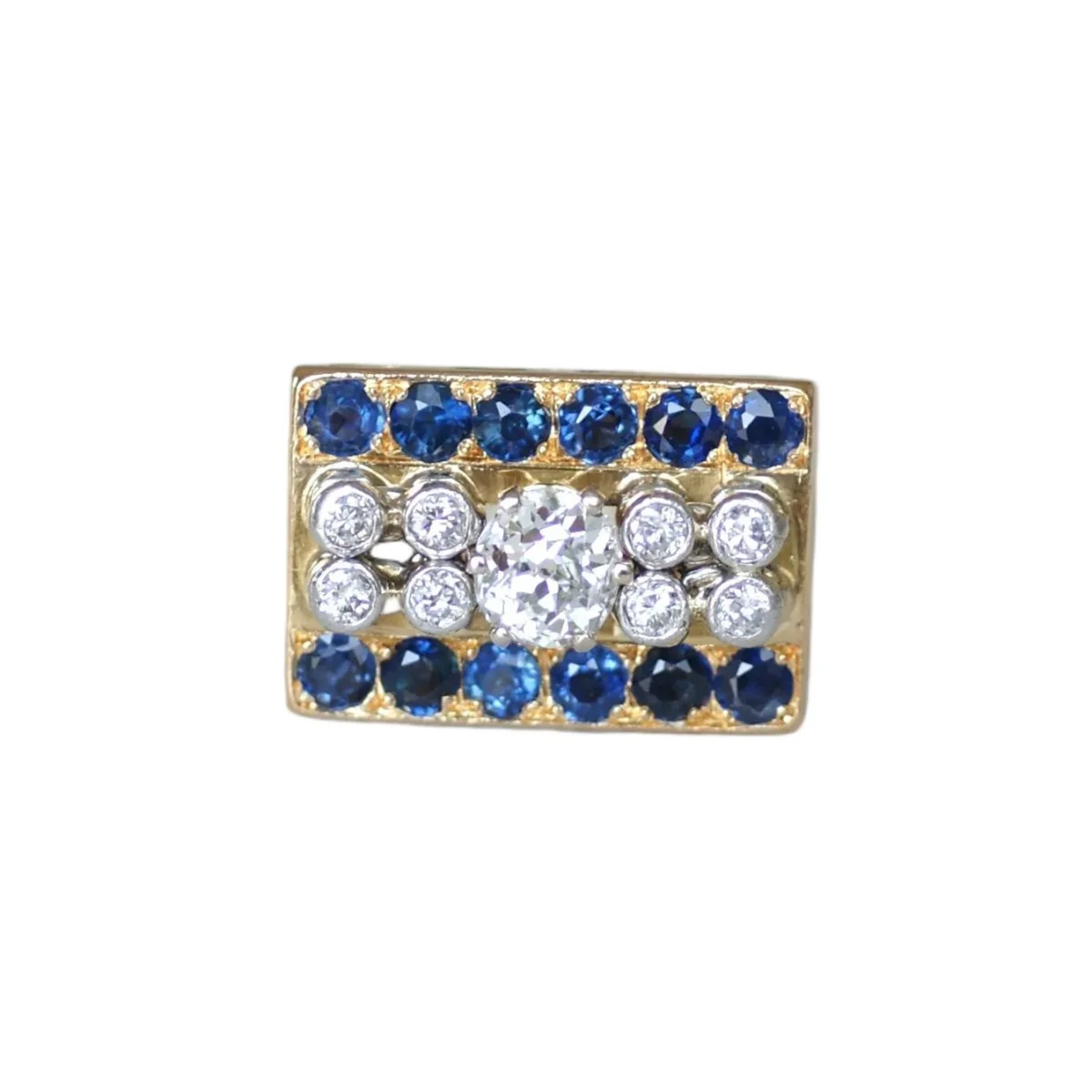 Tank Ring in rose gold, platinum, sapphires, and diamonds