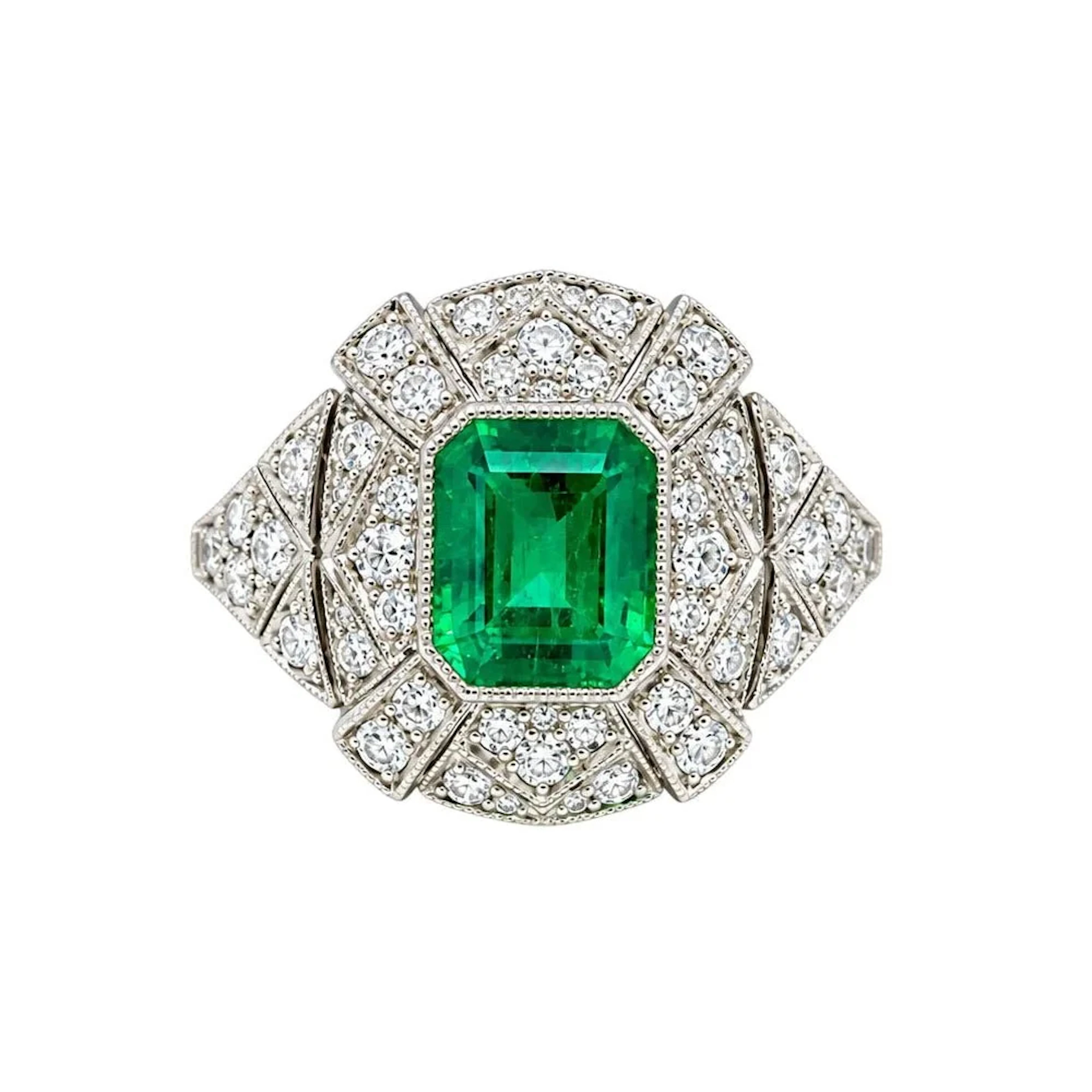 Bague Entourage en platine, émeraude et diamants