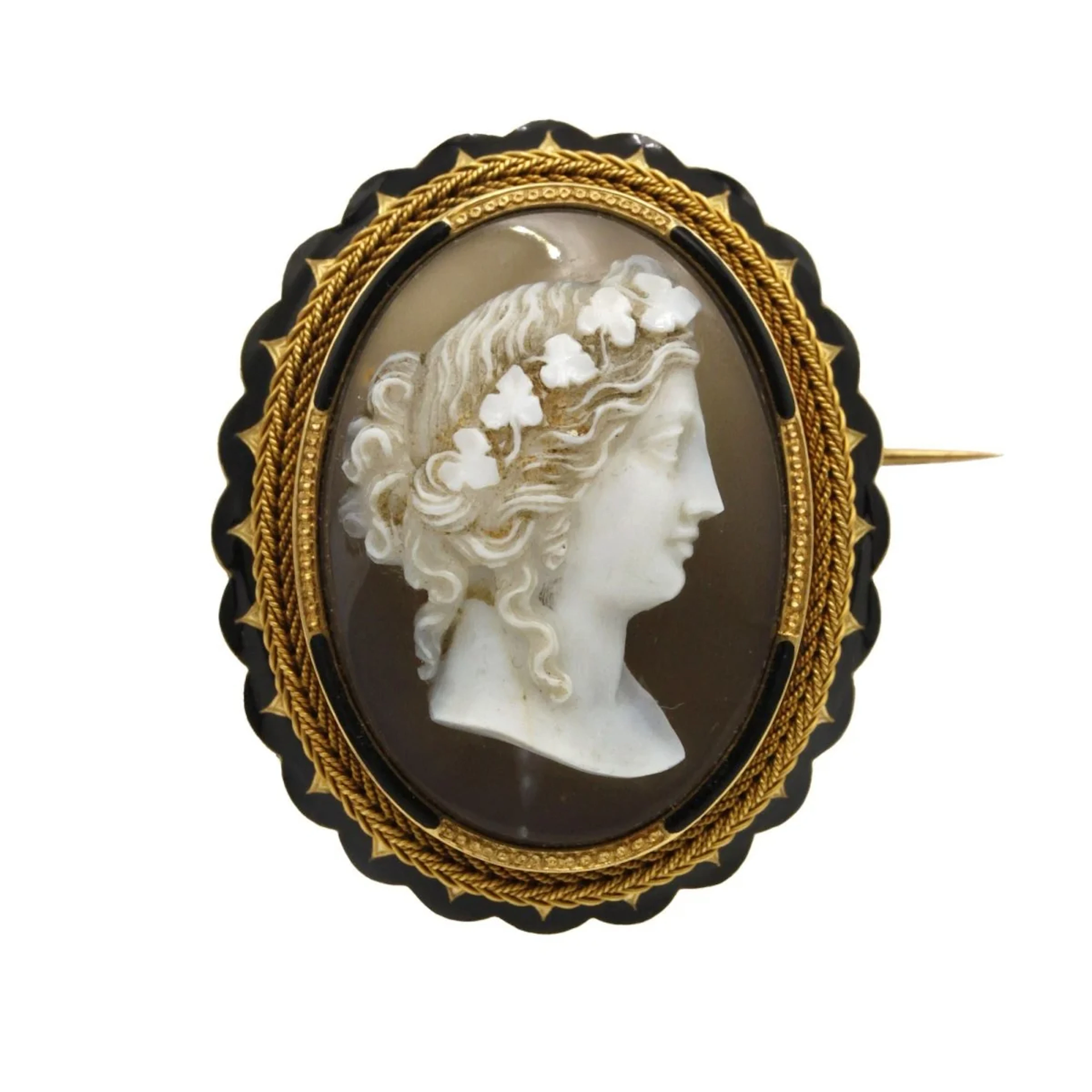 Brooch Pin in yellow gold, enamel and agate cameo