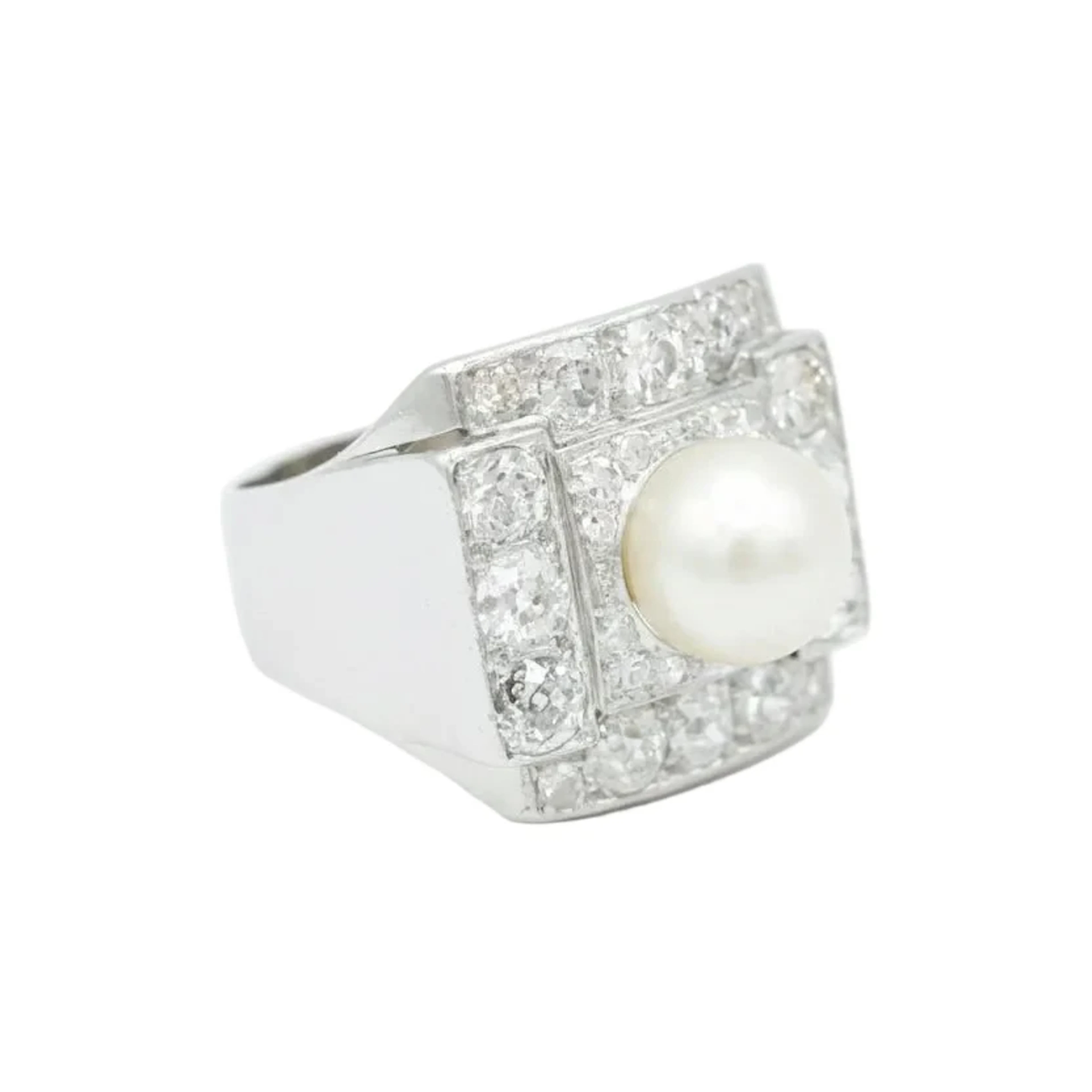 Platinum, Cultured pearl and diamond Art Deco Ring
