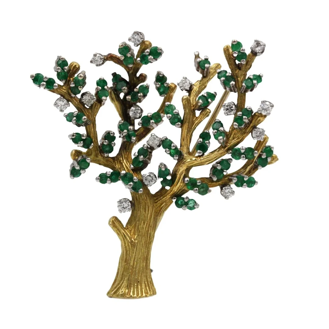 Tree Brooch - Yellow Gold, Diamonds & Emeralds
