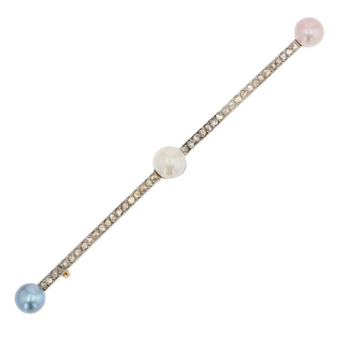 Brooch/Barrette in yellow gold, platinum, pearls and diamonds