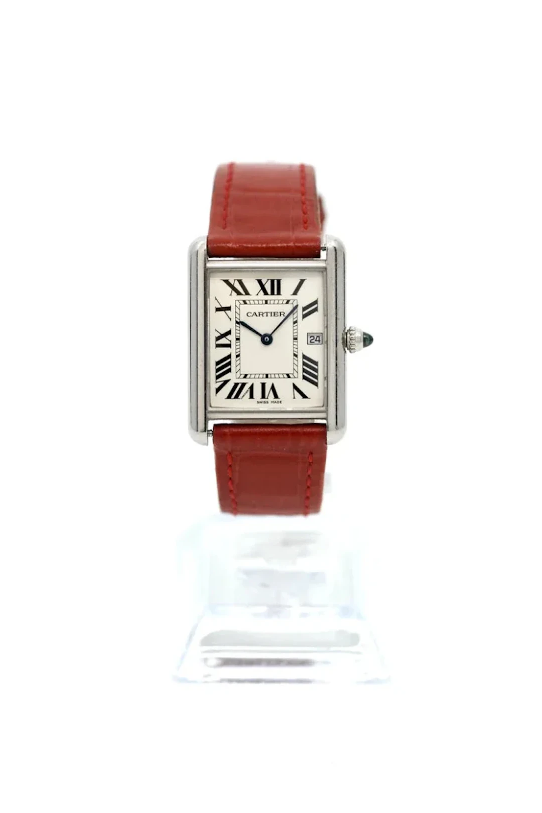 CARTIER "Tank Louis" watch in white gold, sapphire, and leather