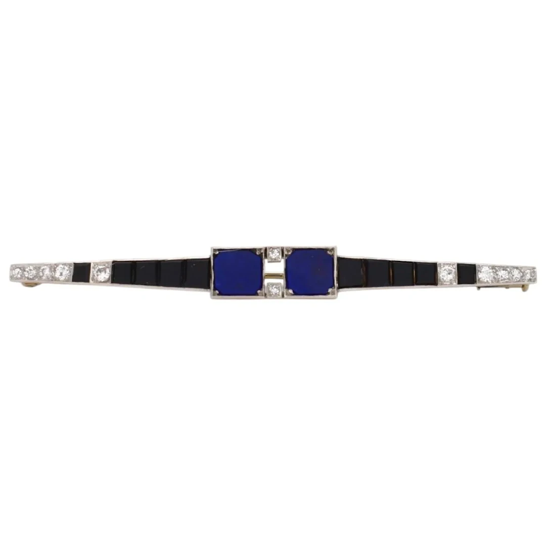 Broche Barrette en platine, onyx, lapis-lazuli et diamants