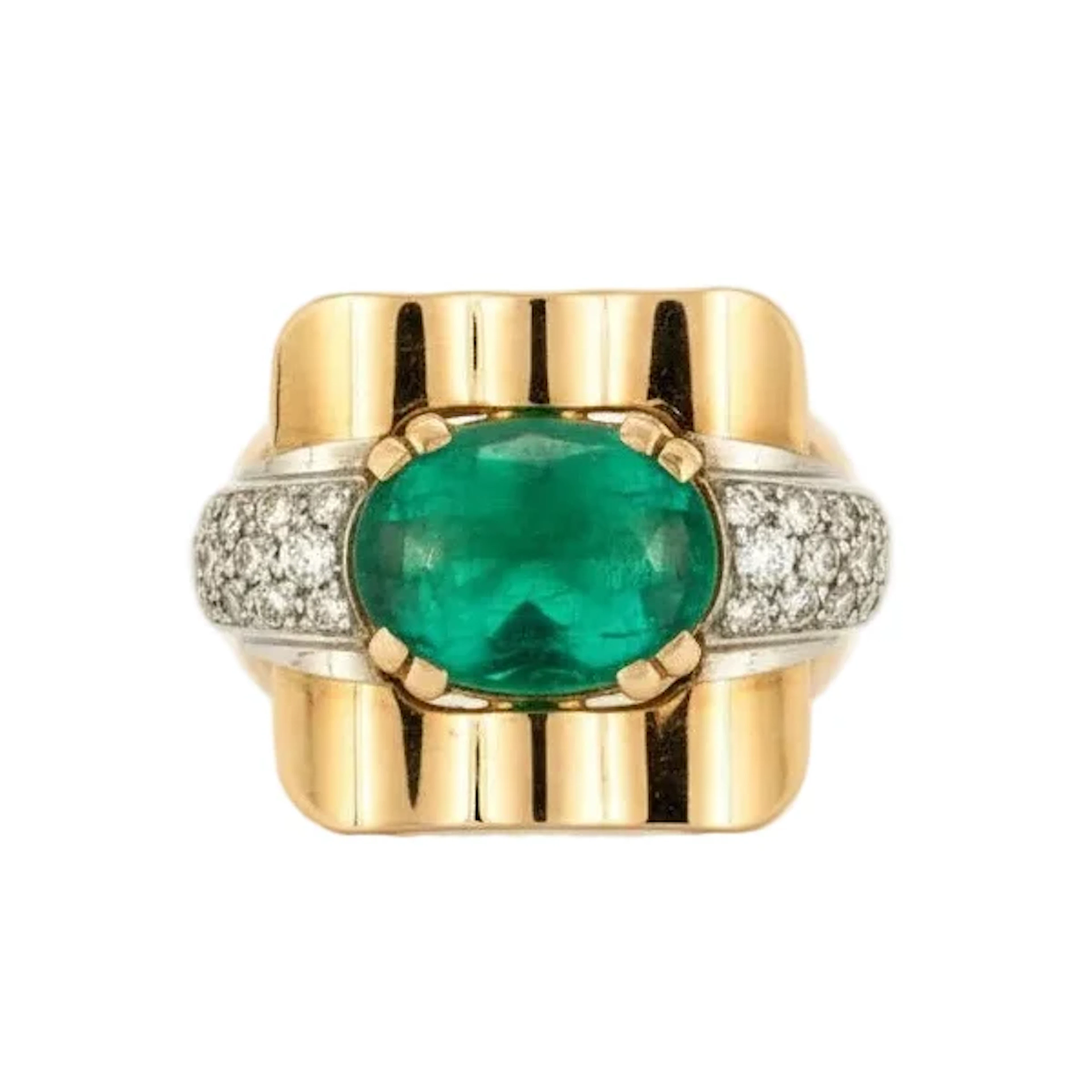 MELLERIO Tank ring in yellow gold, platinum, emerald, and diamonds