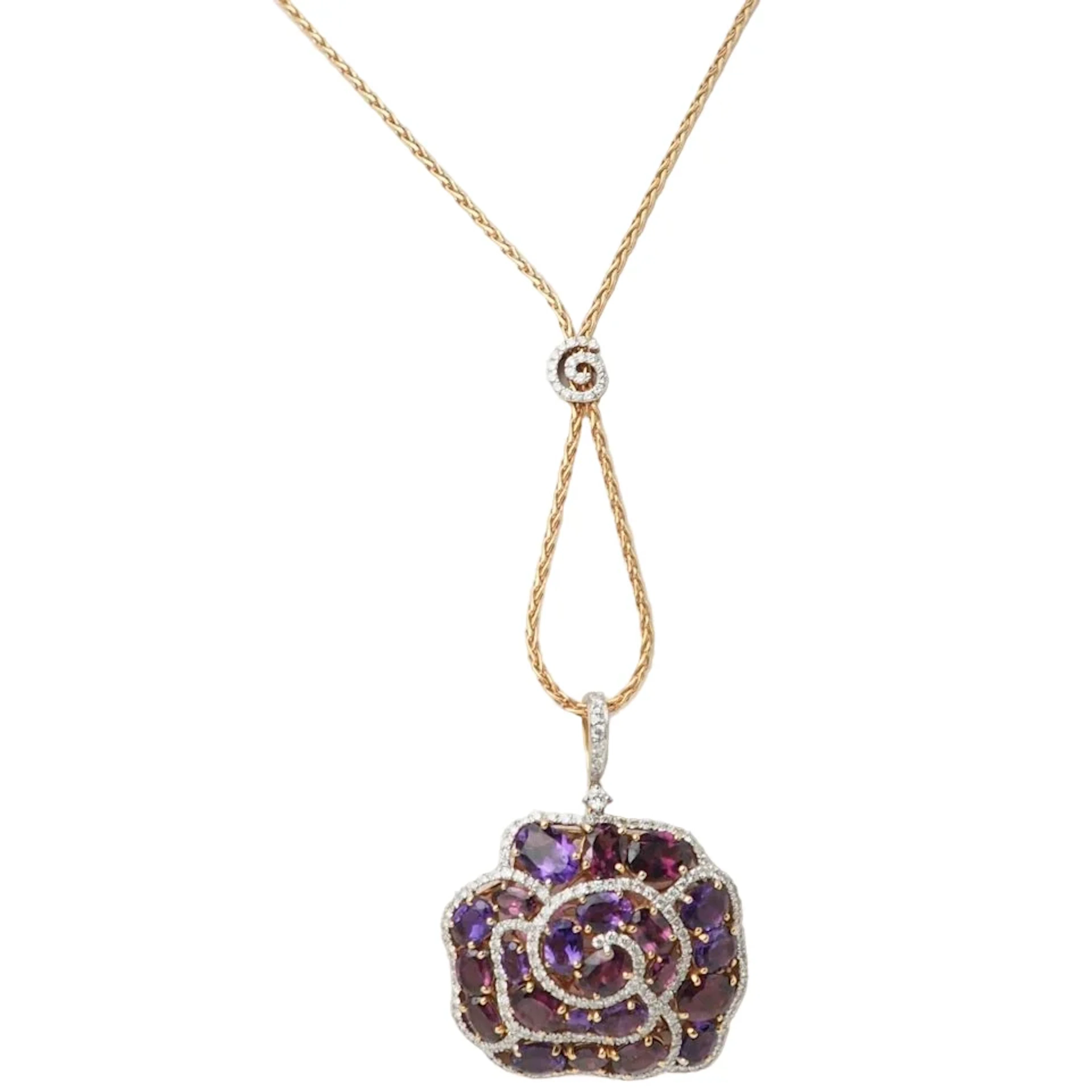 Necklace flower pendant in rose gold, gemstones and diamonds