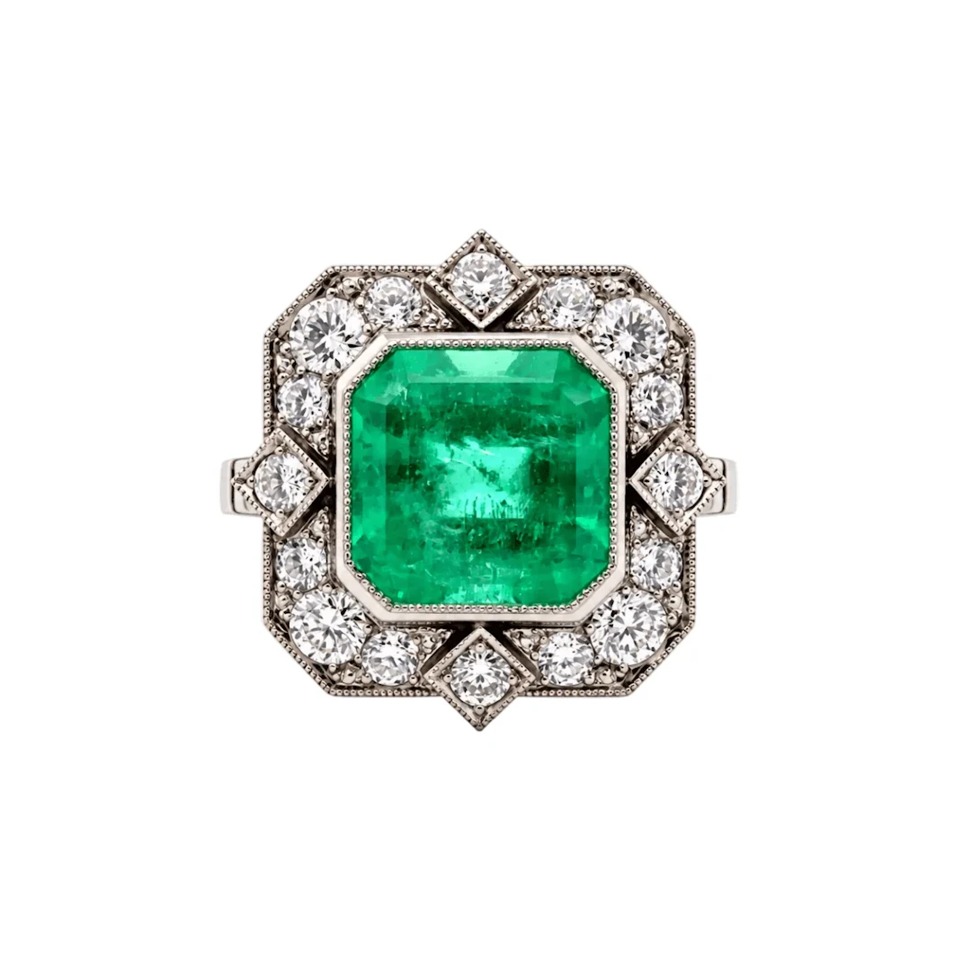 Cocktail Ring in Platinum, Emerald, and Diamonds