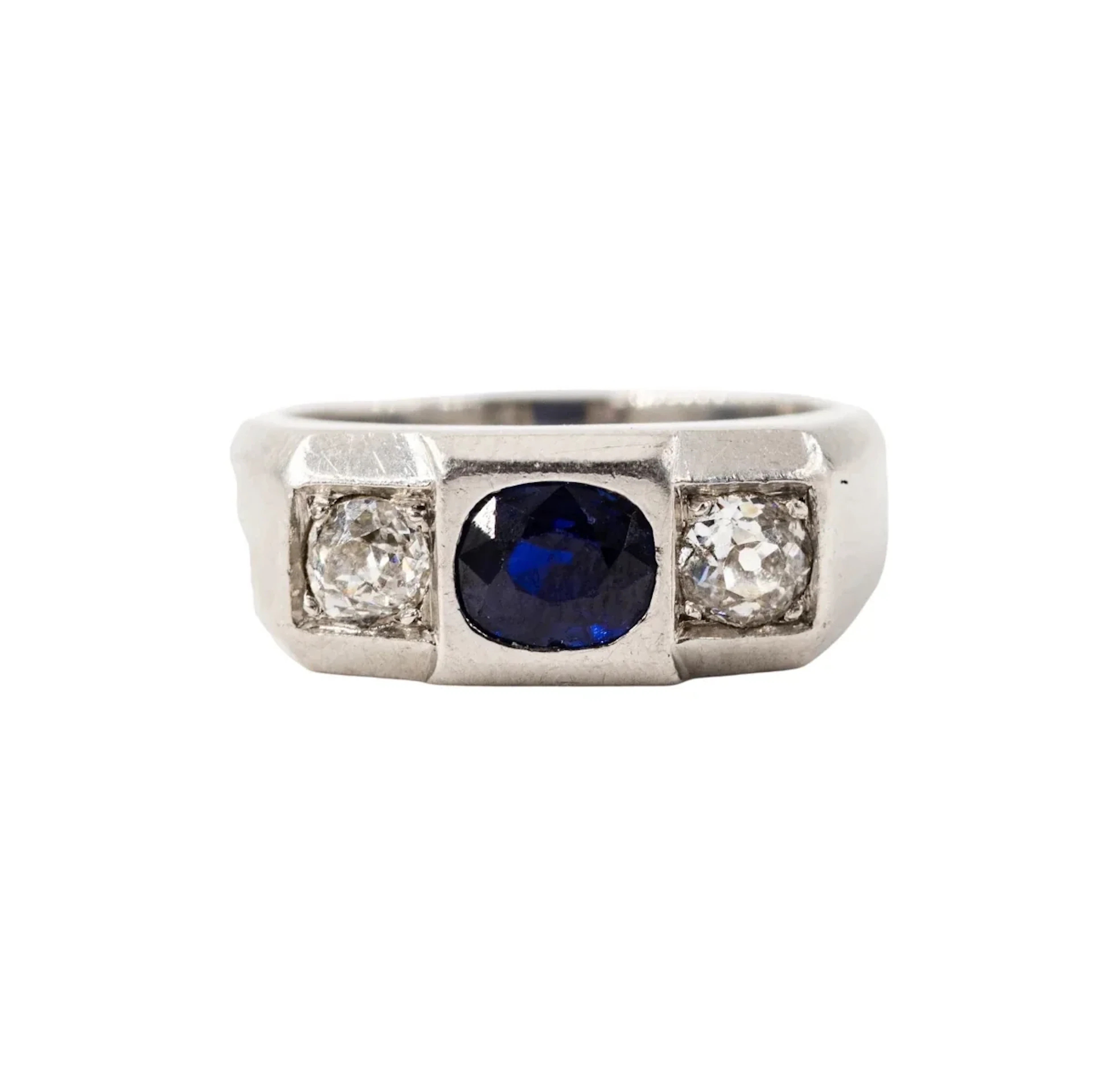 LOUIS HEISSLER Art Deco Tank Ring in platinum, sapphire, and diamonds