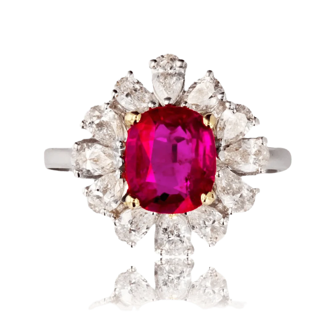 Daisy ring in white gold, yellow gold, sapphire and diamonds