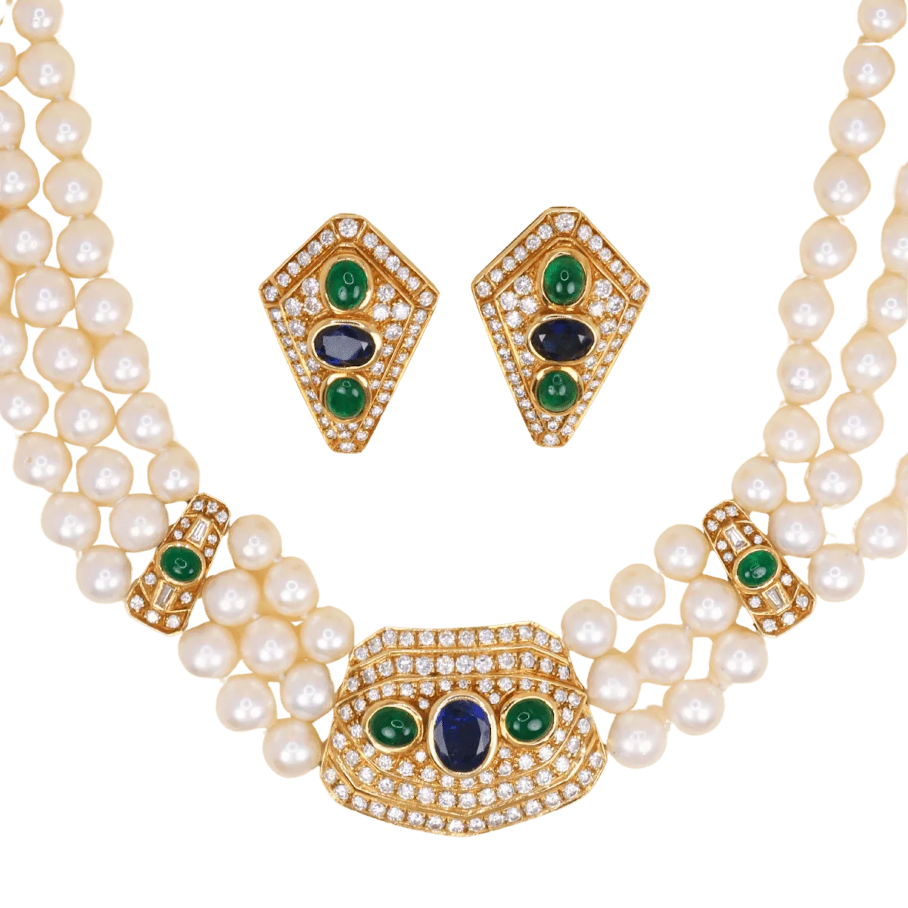 REPOSSI set in yellow gold, with pearls, sapphires, emeralds, and diamonds