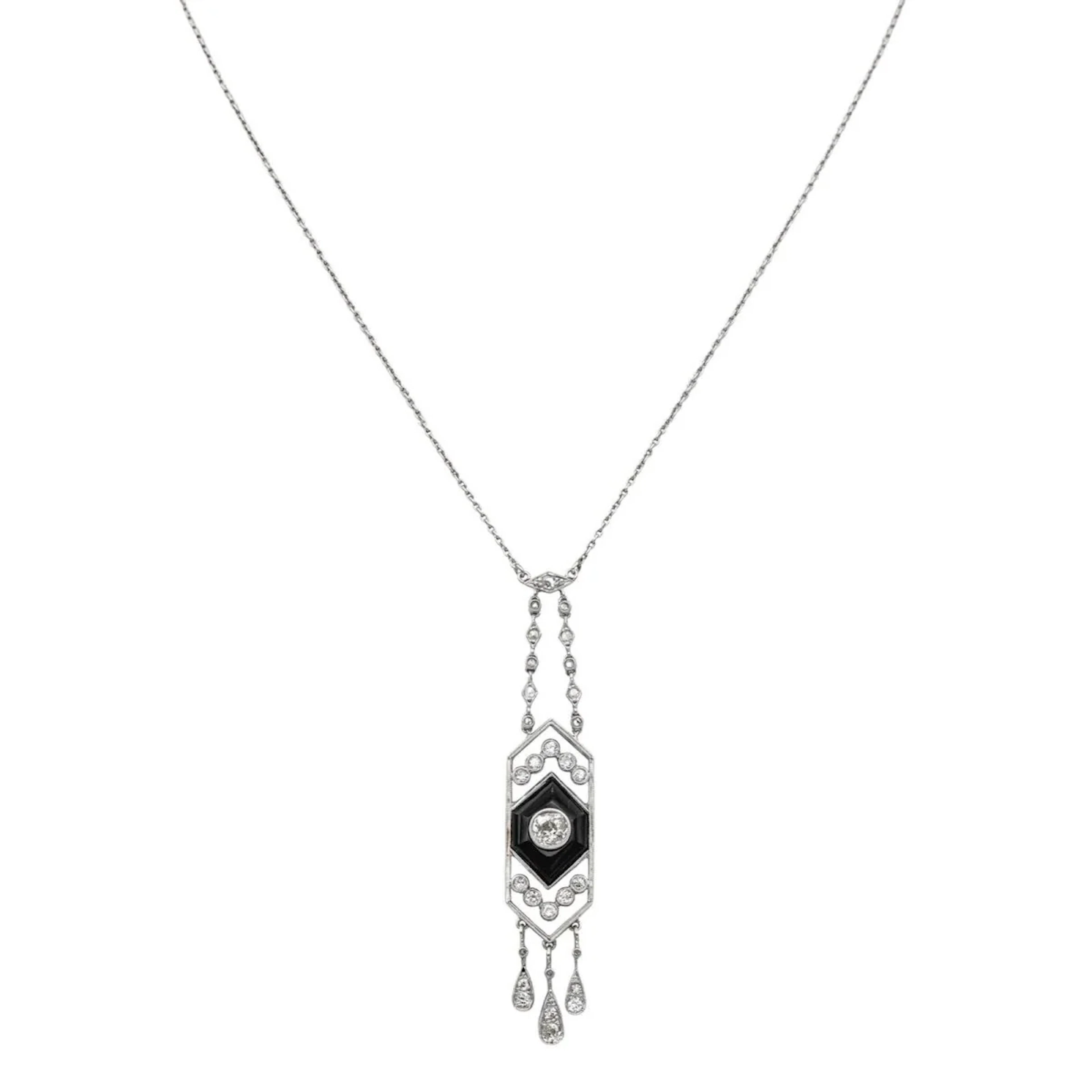 Platinum, onyx and diamond chain necklace