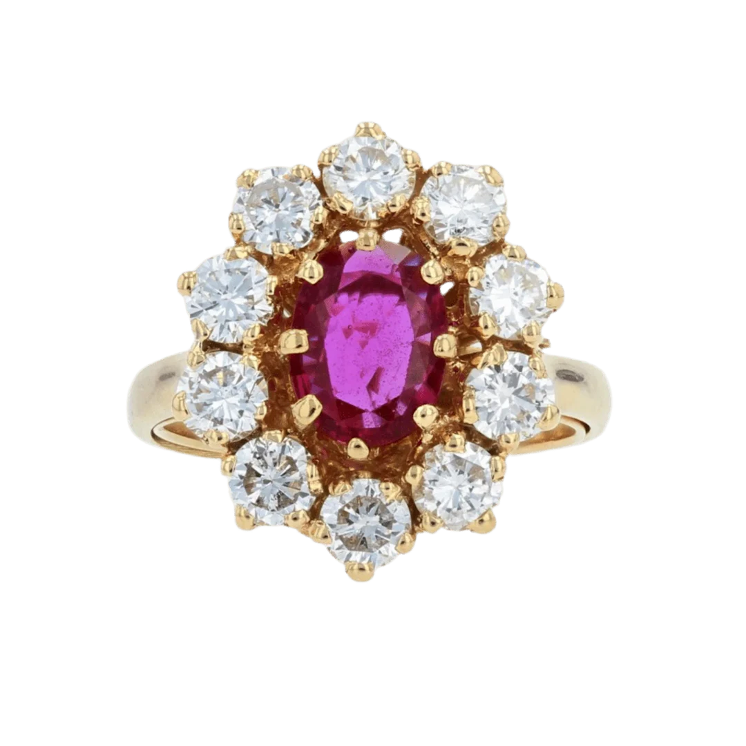 Marguerite ring in yellow gold, rubies and diamonds