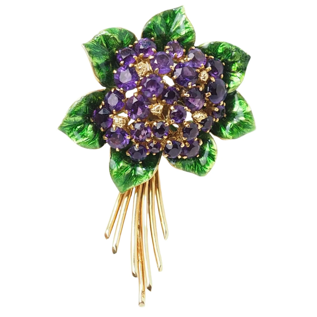 Yellow Gold Brooch with Amethysts and Enamel