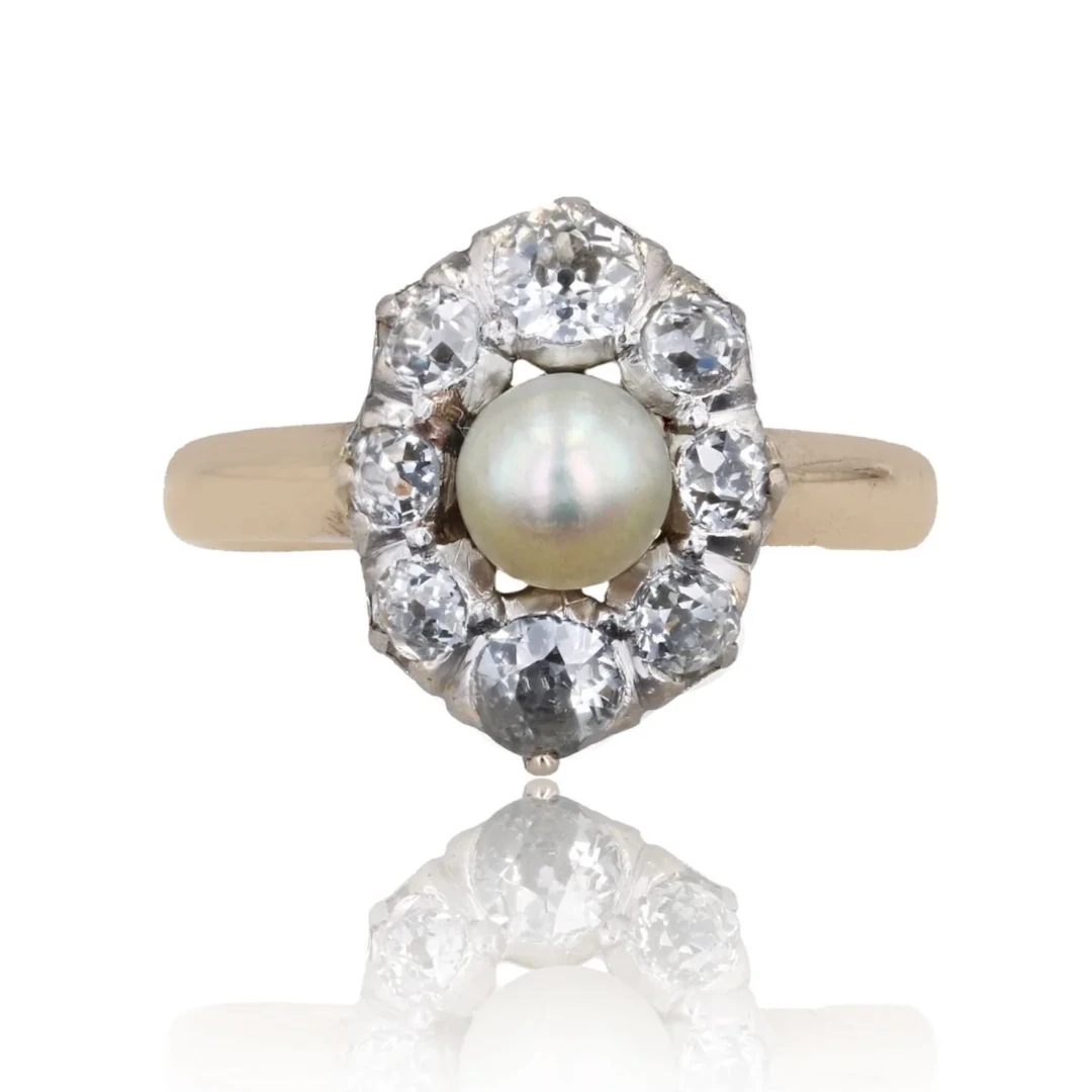 Ring Marquise en yellow gold, paltinium, pearl and diamonds