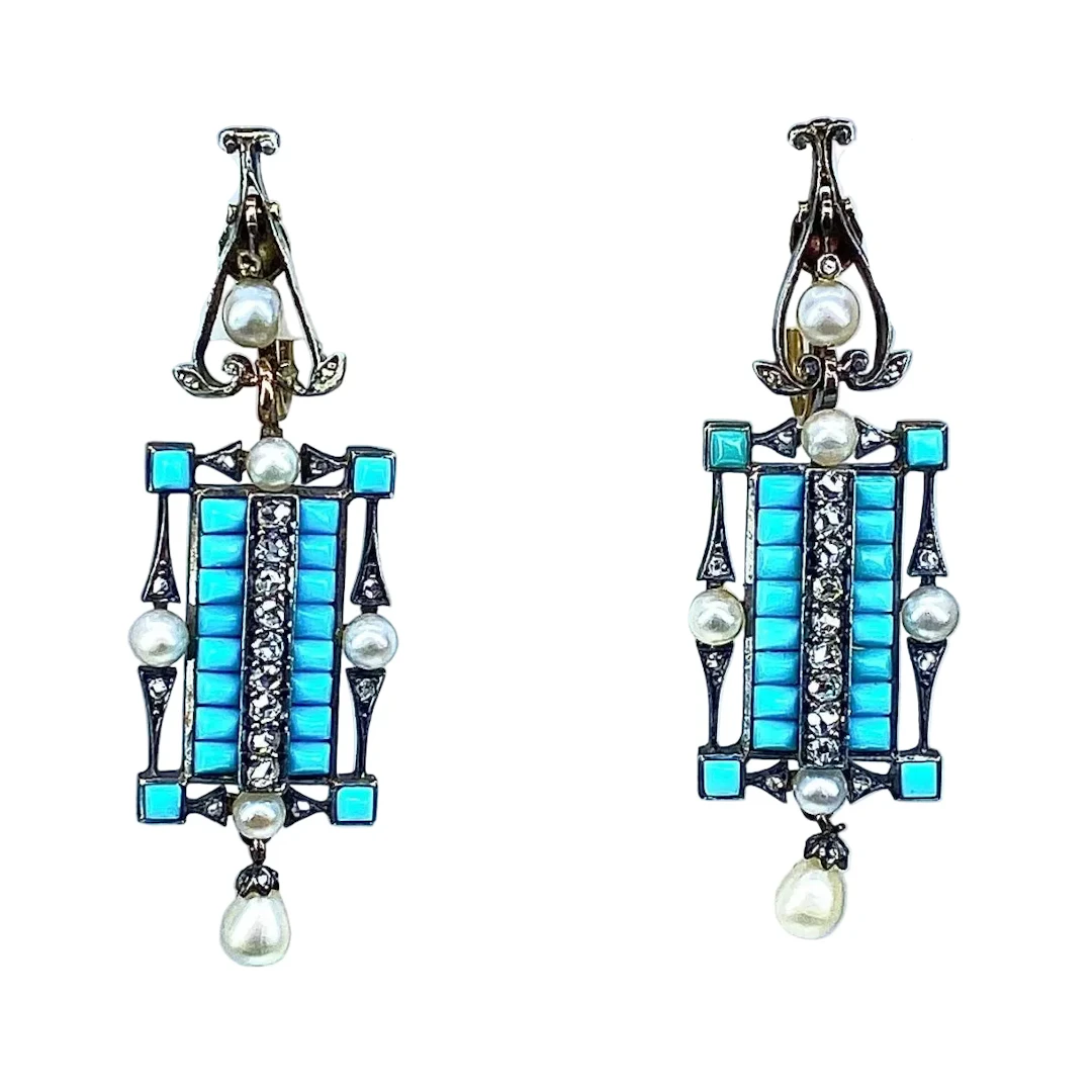 Pendant earrings in white gold, silver, turquoise, pearls and diamonds
