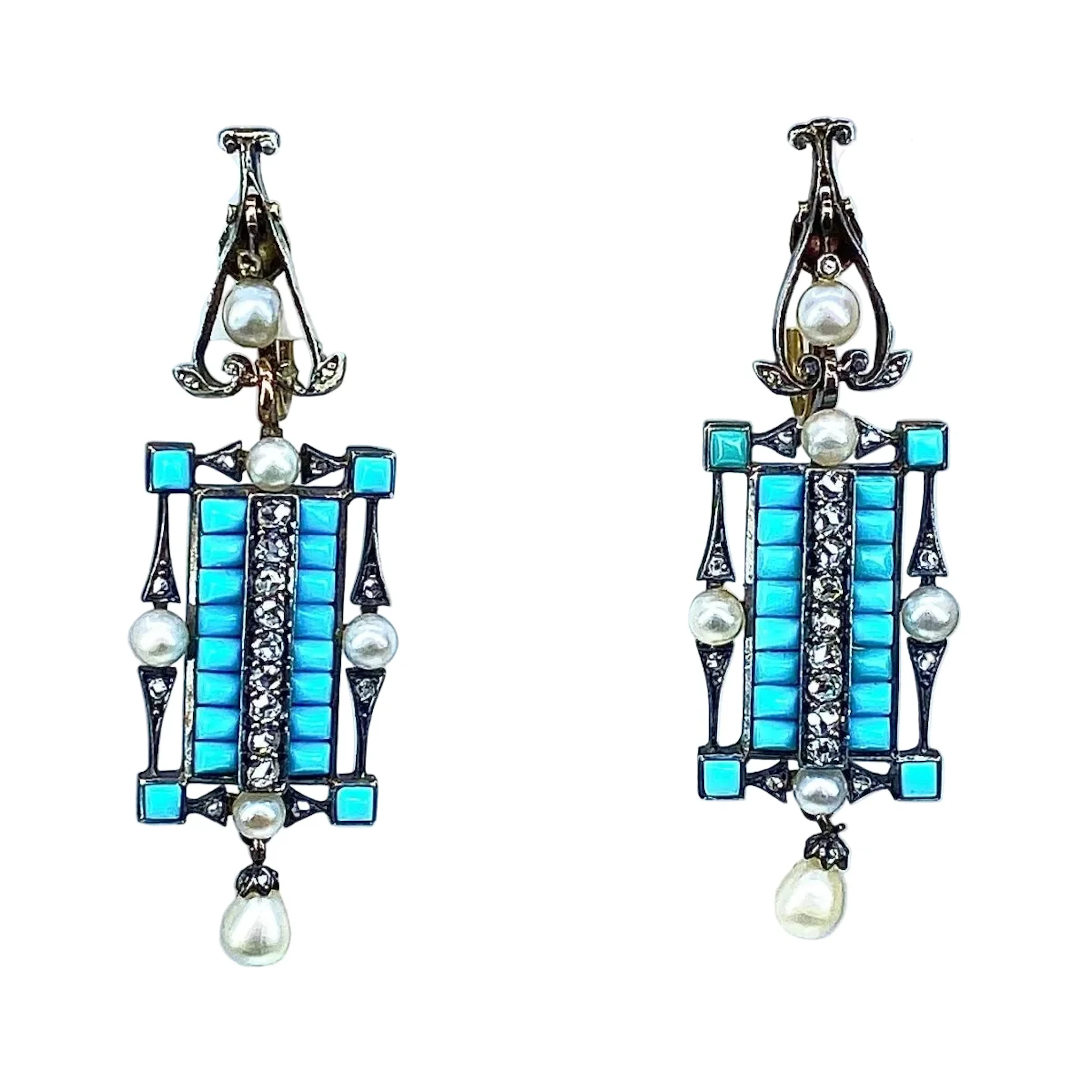 Pendant earrings in white gold, silver, turquoise, pearls and diamonds