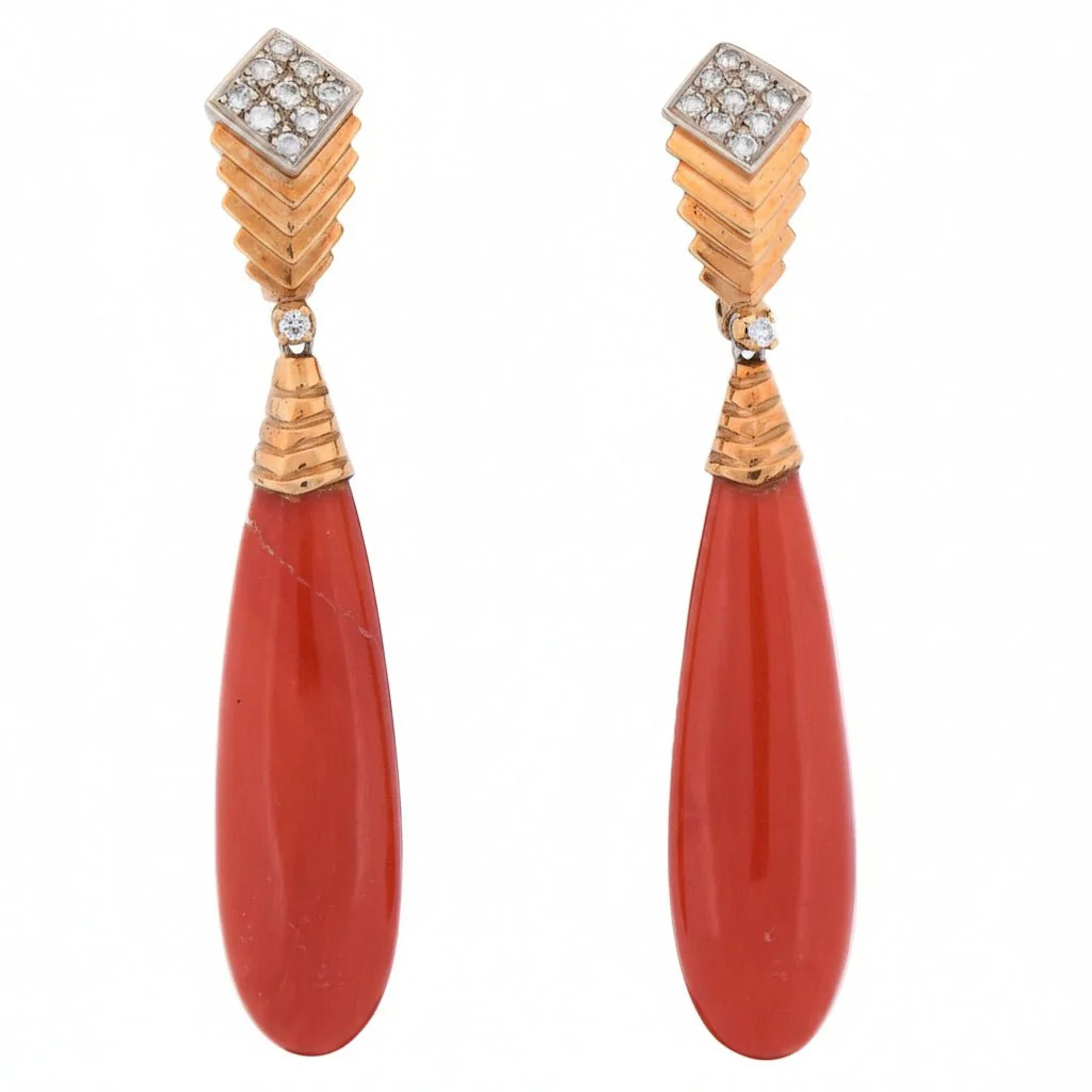 Earrings Pendants in yellow gold, coral and diamonds