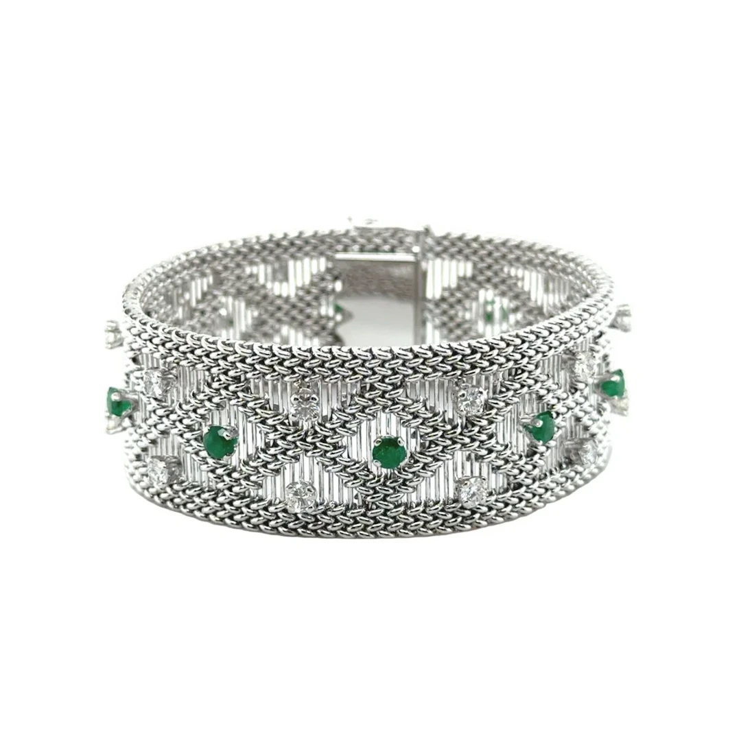 White gold, emerald and diamond cuff bracelet