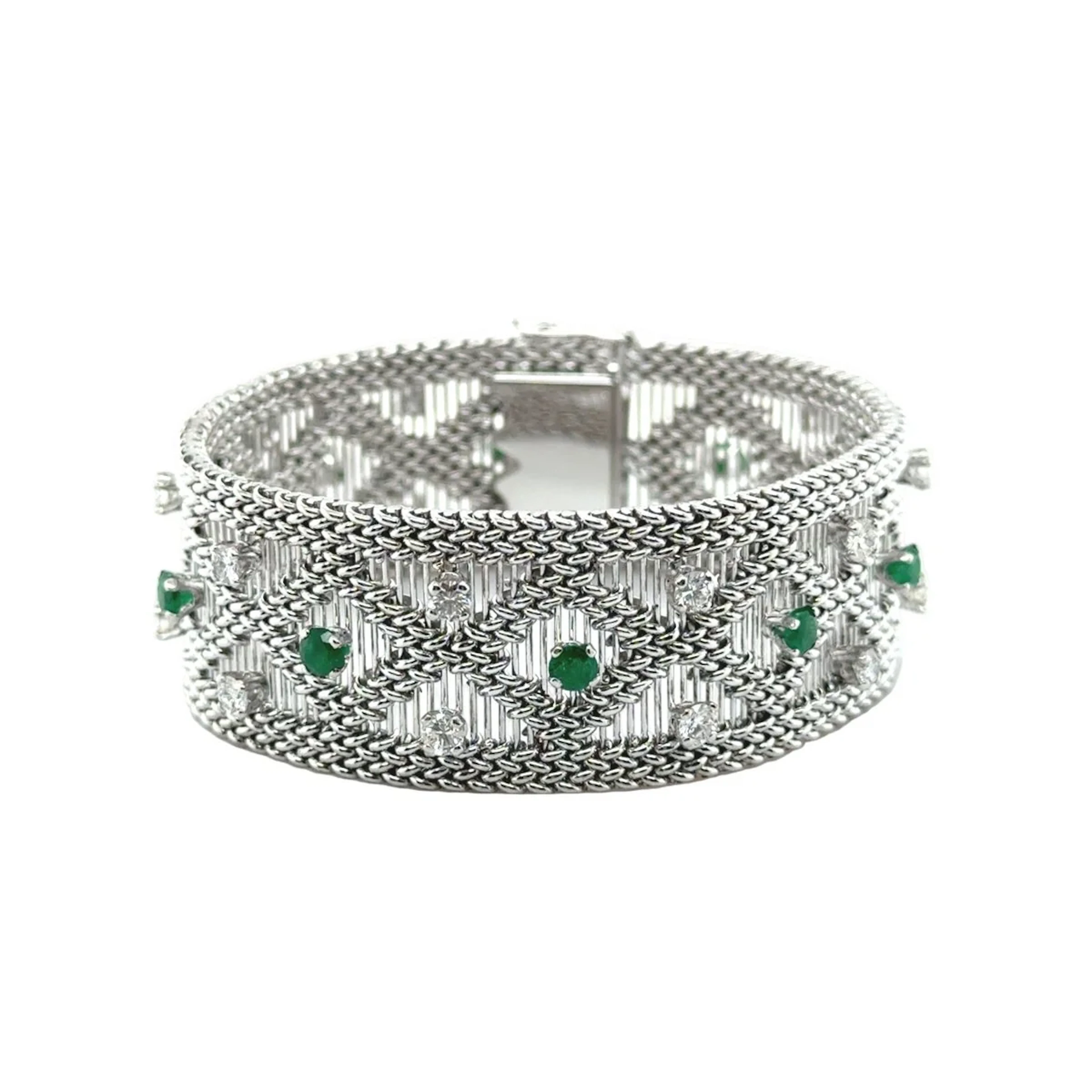 White gold, emerald and diamond cuff bracelet