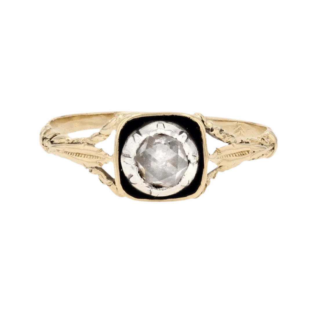 Solitaire ring in yellow gold, enamel and diamond