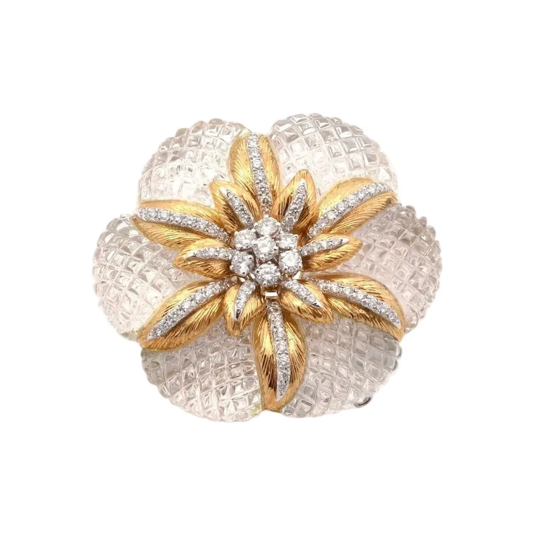 Brooch Double Barrette in yellow gold, rock crystal and diamonds