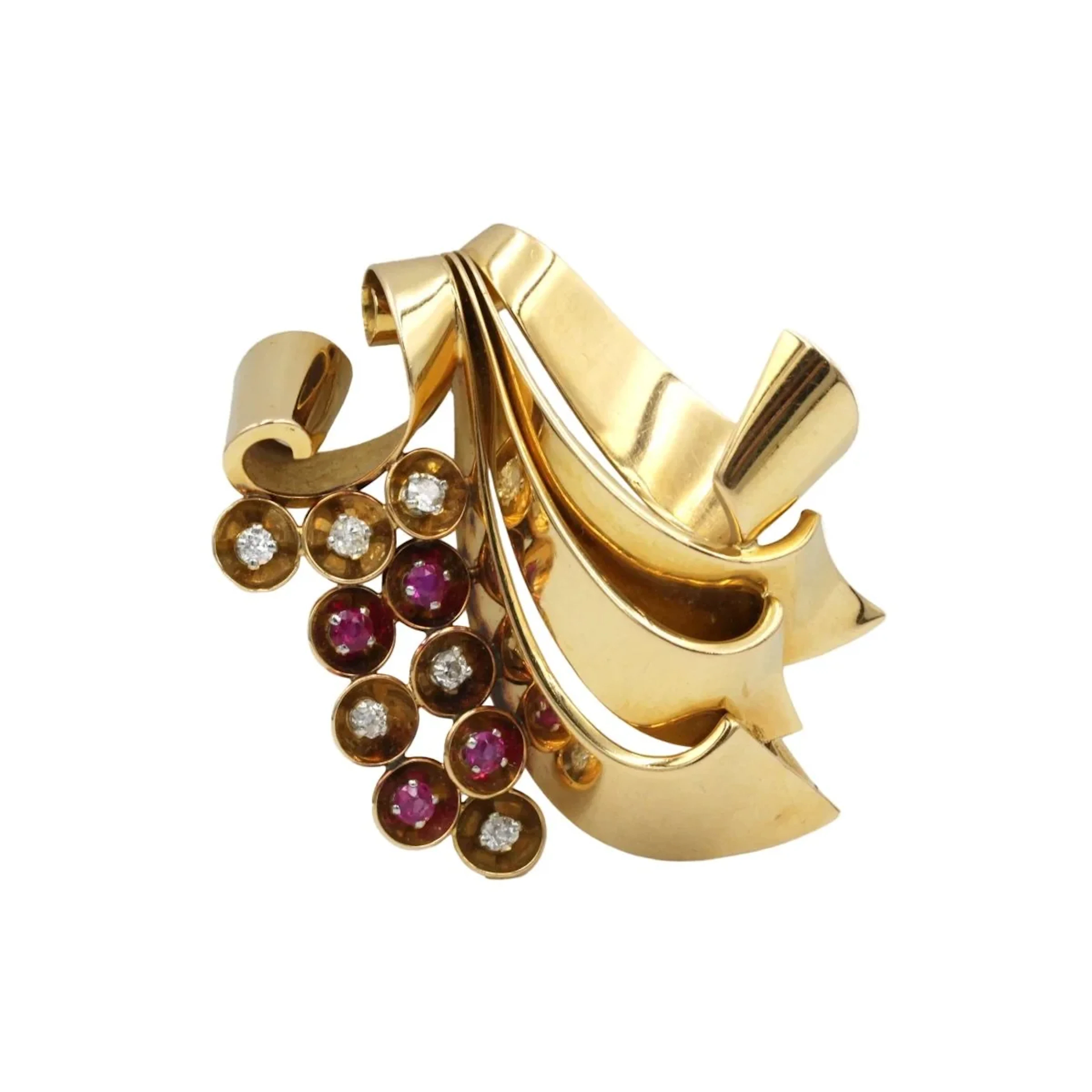 Yellow gold, platinum, ruby, and diamond pin brooch