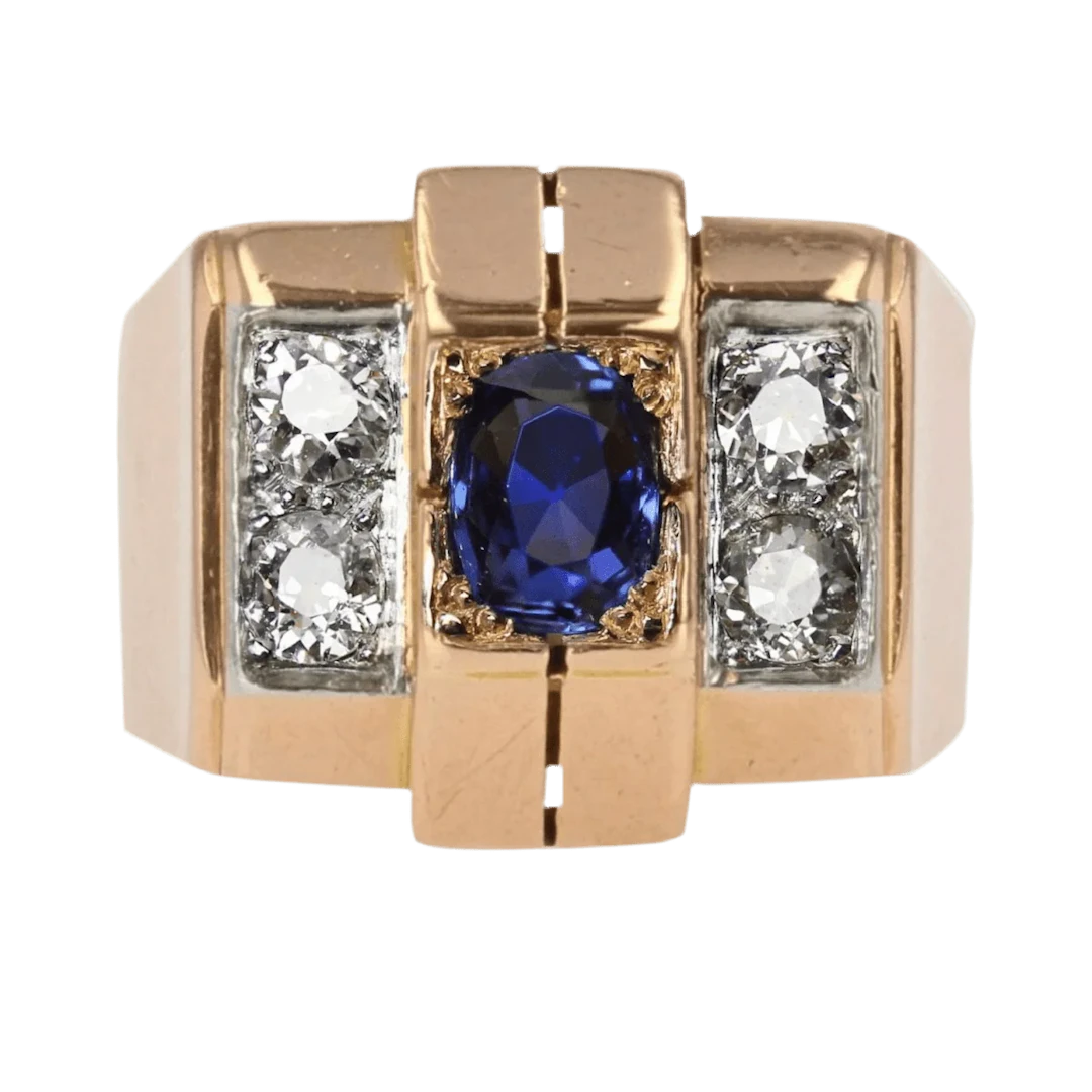 Tank ring in rose gold, platinum, sapphire and diamonds