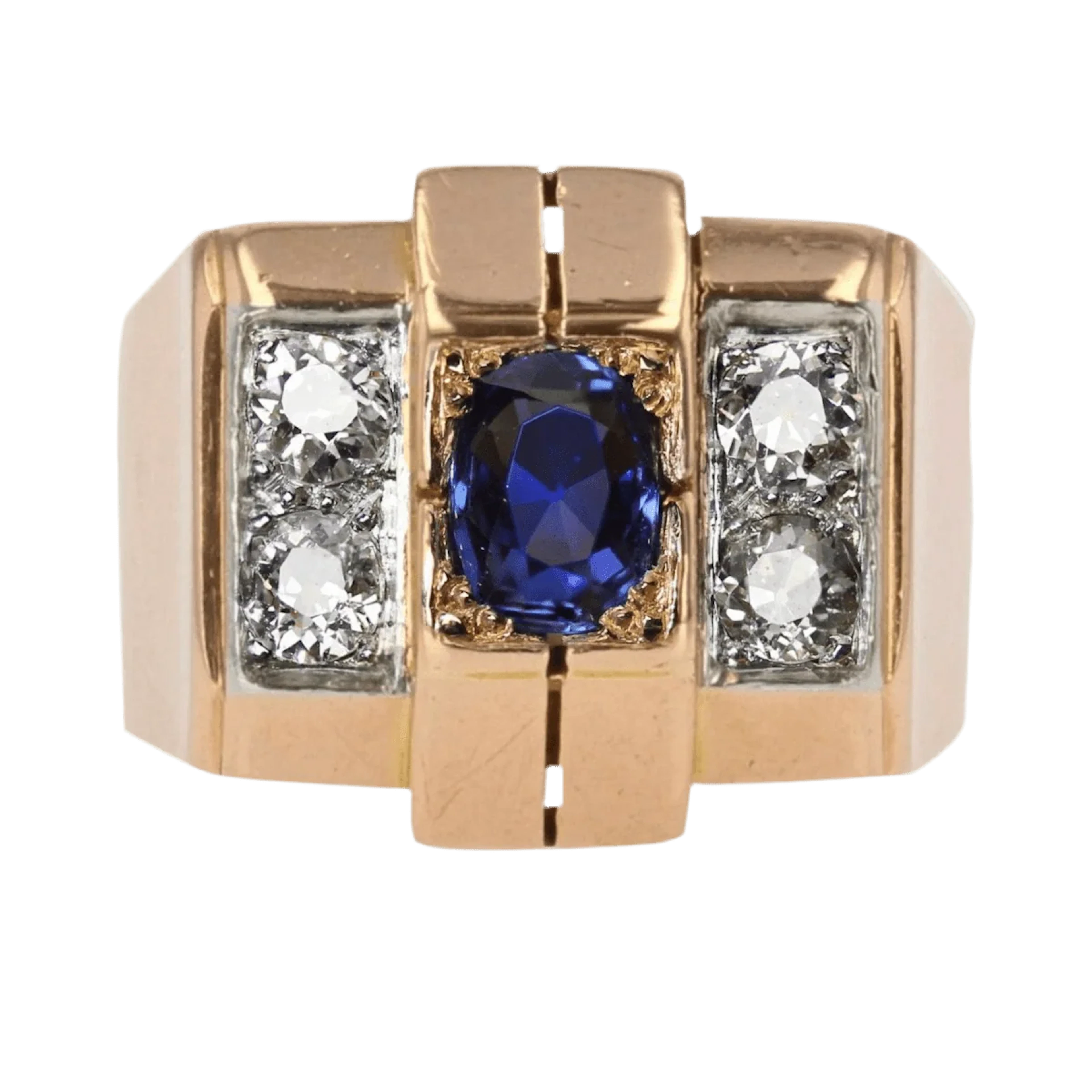 Tank ring in rose gold, platinum, sapphire and diamonds