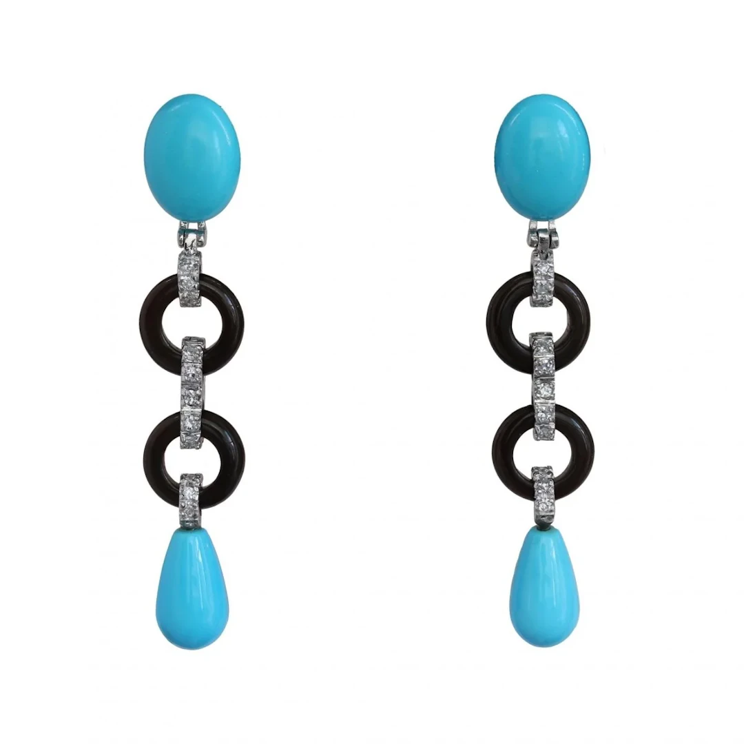 Dangle earrings in white gold, onyx, turquoise and diamonds