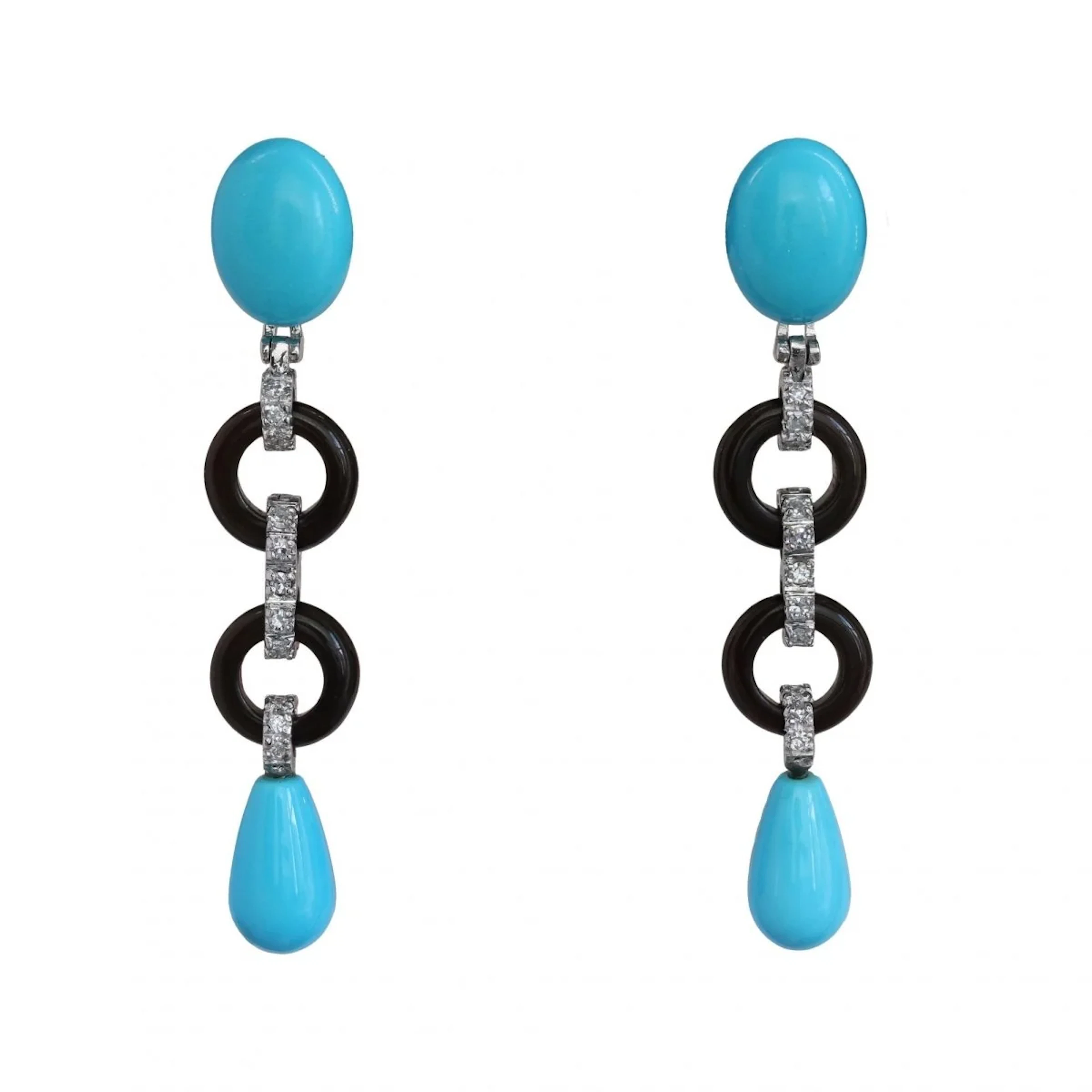 Dangle earrings in white gold, onyx, turquoise and diamonds