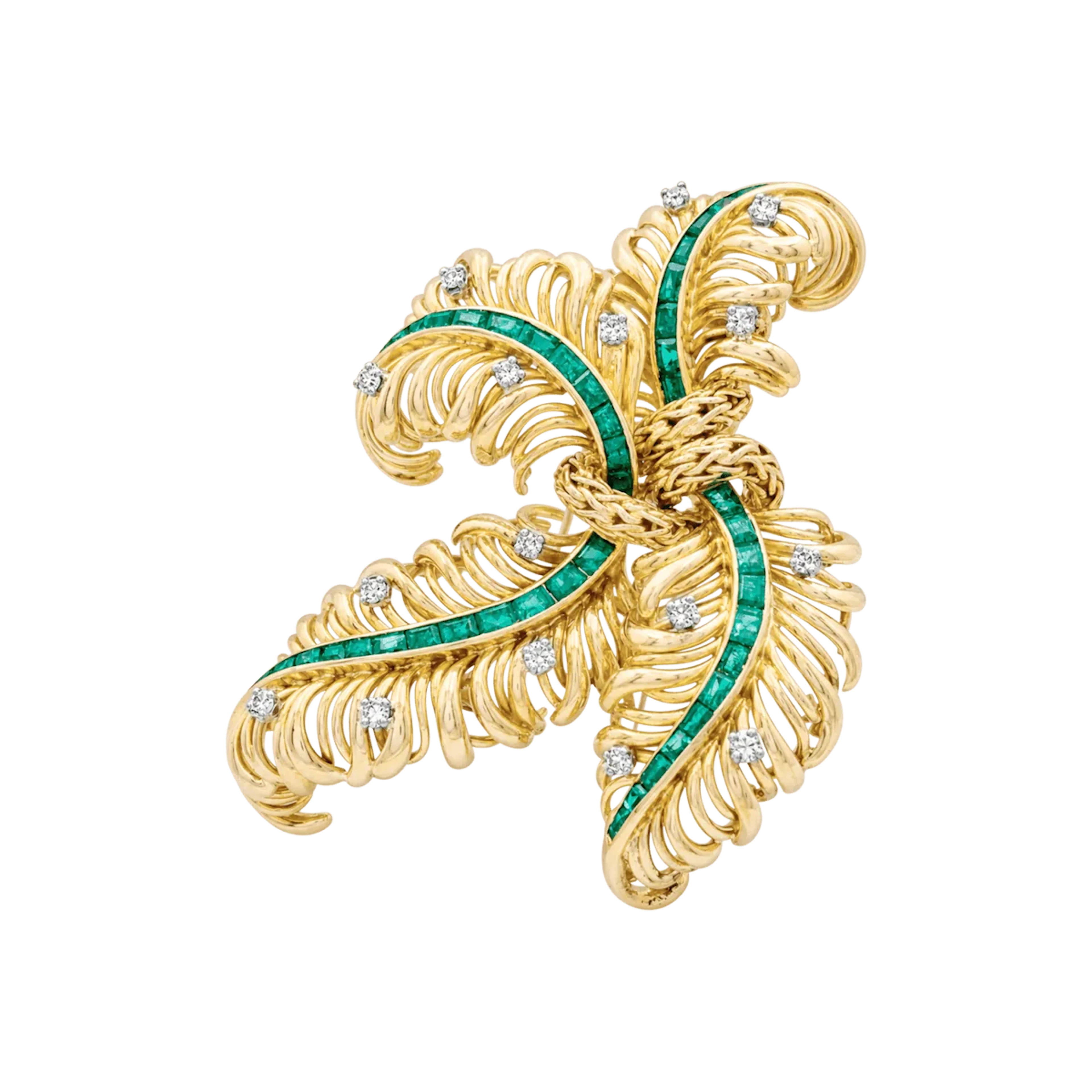 Broche Clip CHAUMET "Panache" en or jaune, émeraudes et diamants