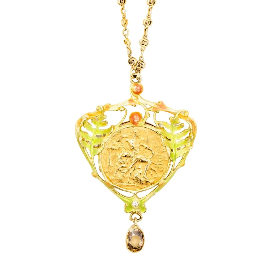 Necklace HENRI VEVER Art Nouveau pendant in yellow gold, enamel and beryl