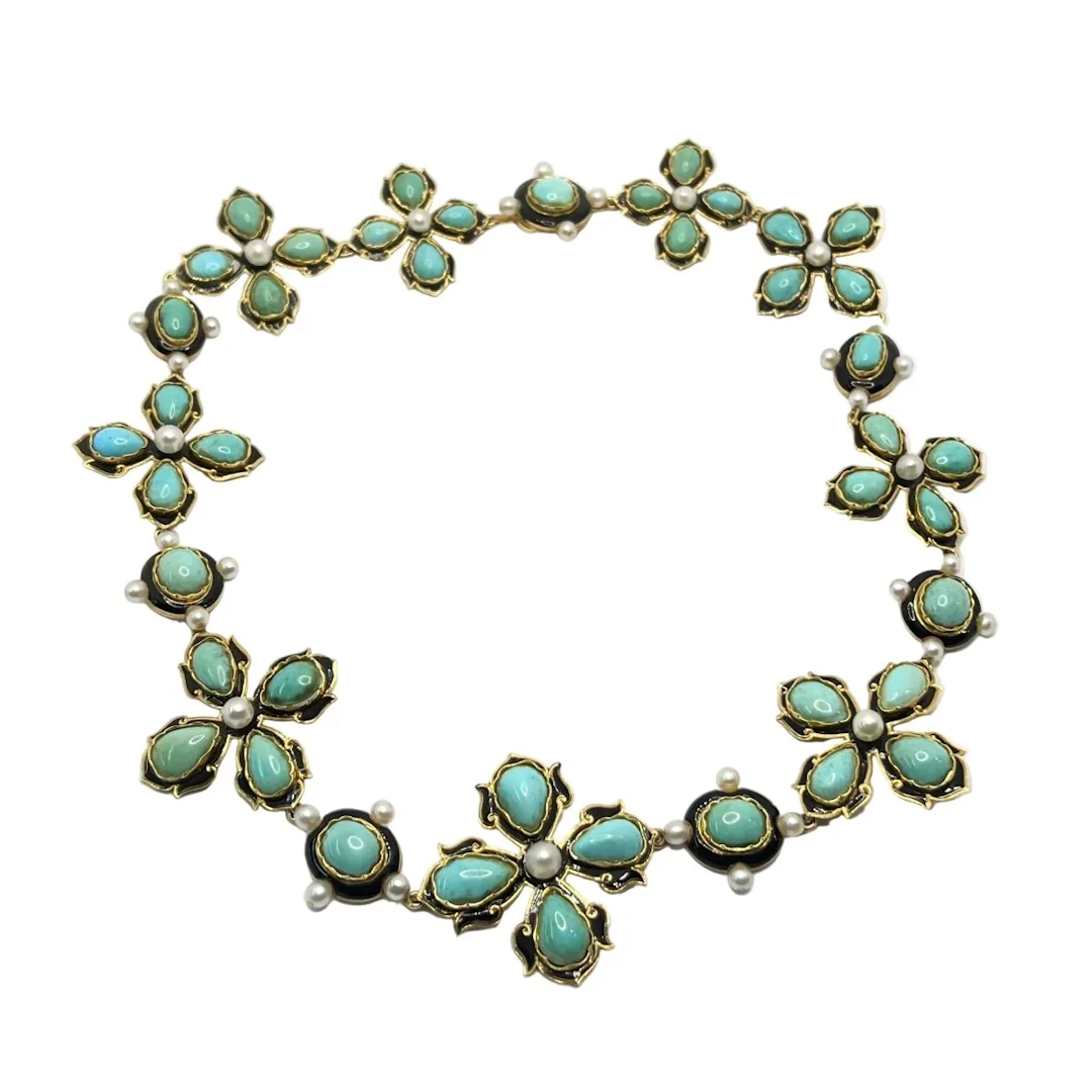Collier Draperie en or jaune, perles et turquoises