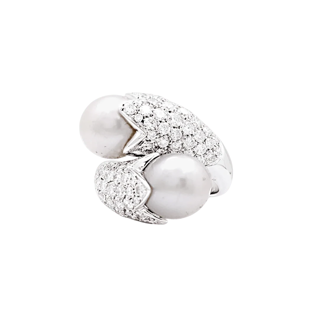 Bague Toi & Moi en or blanc, perles et diamants