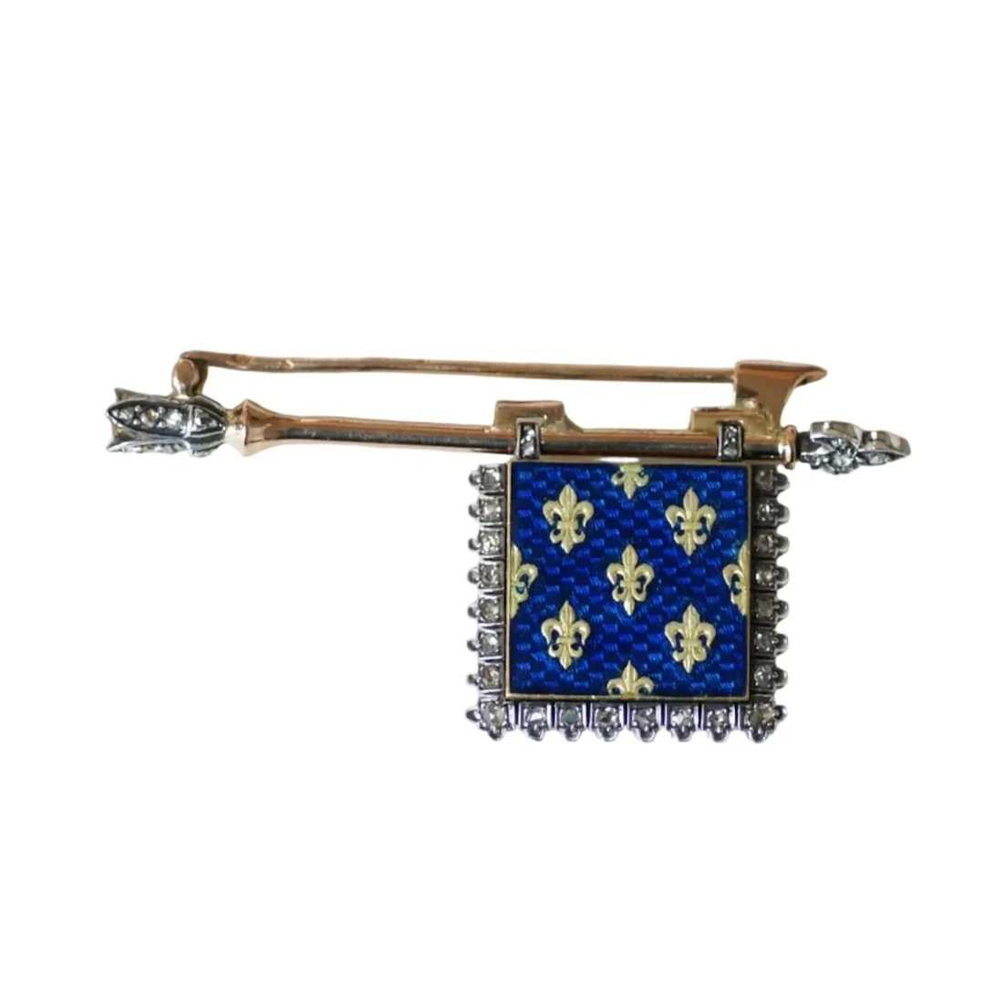 Yellow gold, rose gold, silver, enamel, pearl and diamond brooch