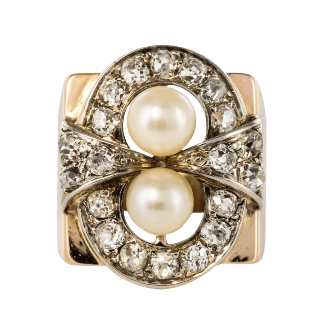Tank ring in rose gold, platinum, pearls and diamonds