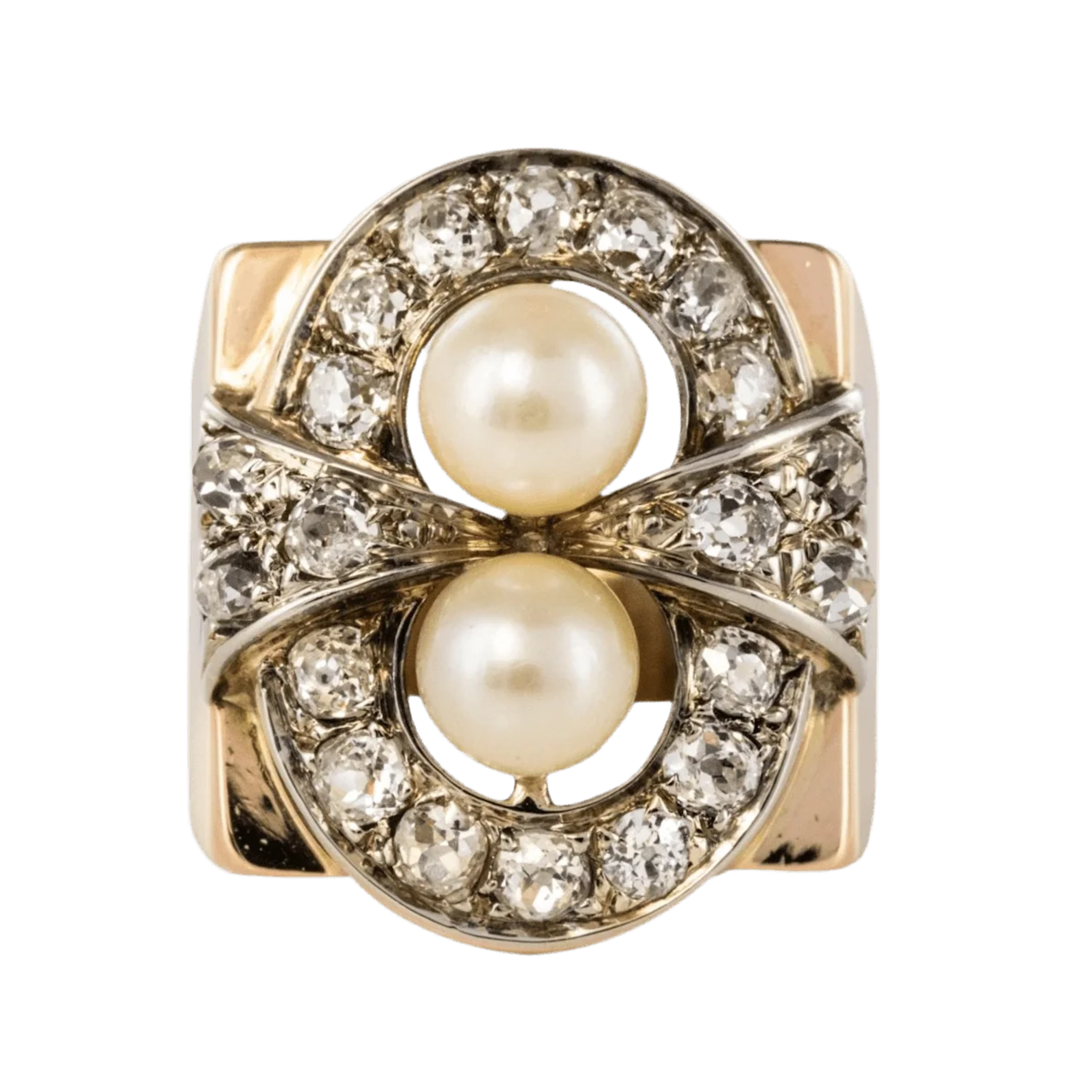 Tank ring in rose gold, platinum, pearls and diamonds